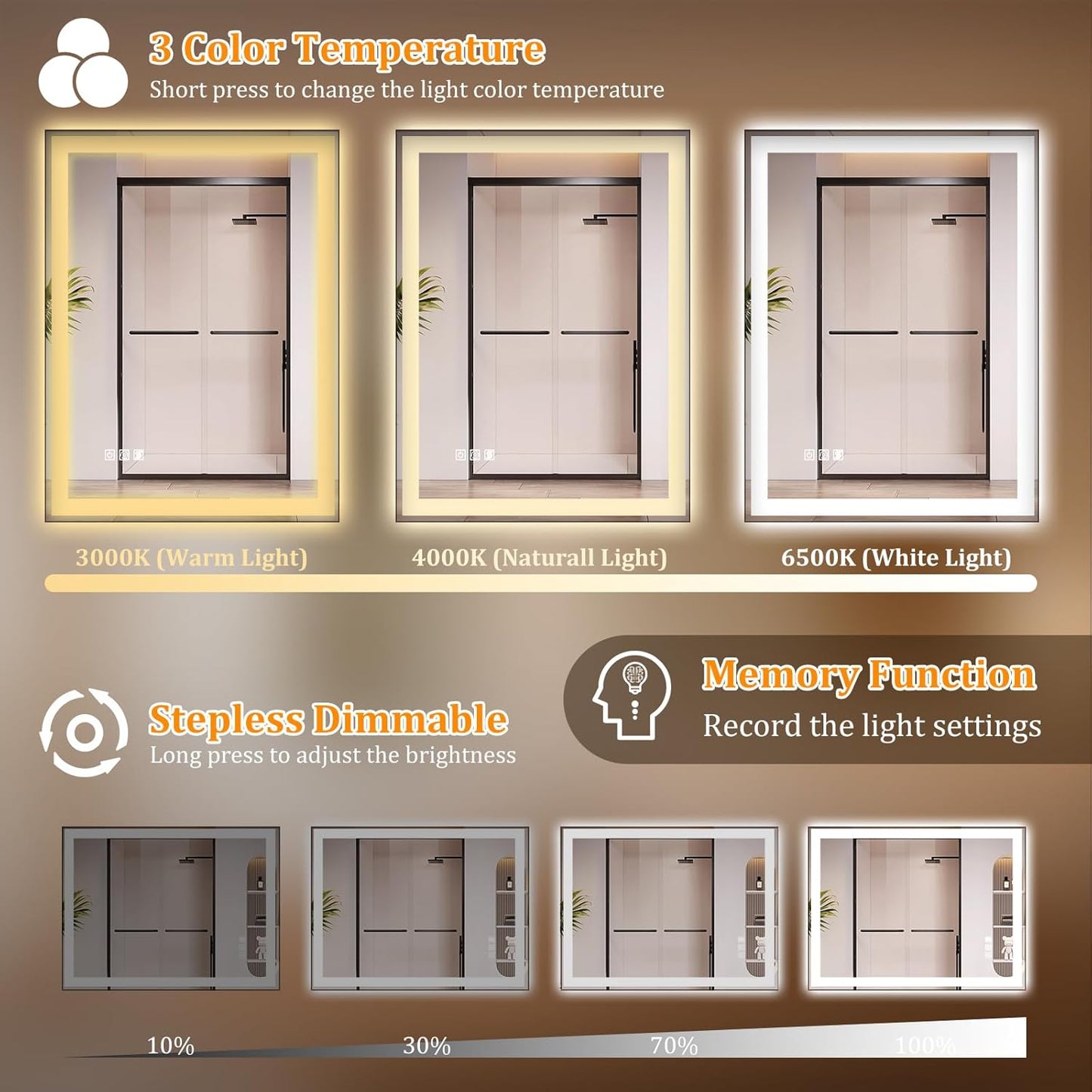 24"x32" LED Bathroom Mirror with Lights, Front & Backlit, 3 Colors Dimmable Lighted Bathroom Vanity Mirror, Anti-Fog, Memory Function, Shatter-Proof Tempered Glass