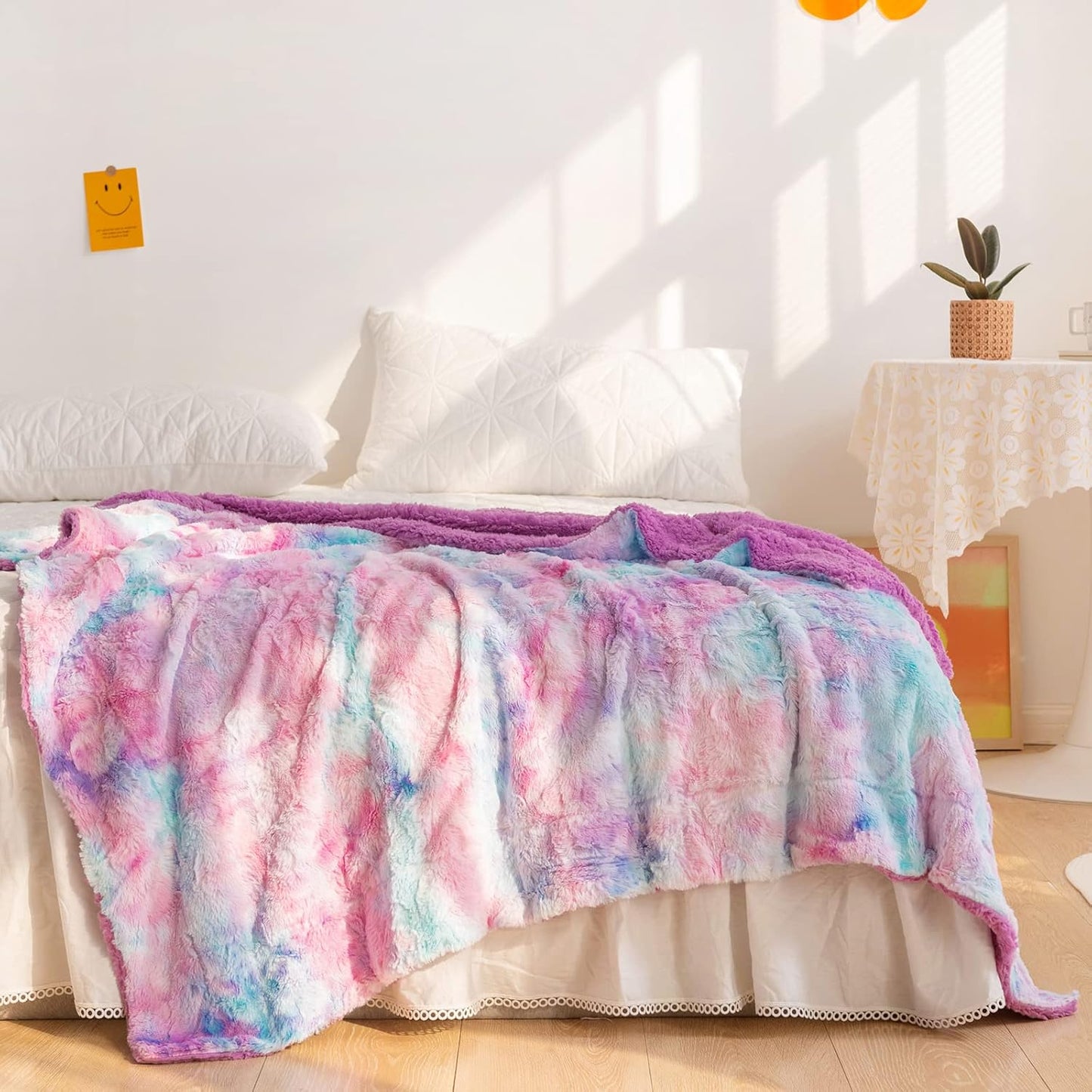 NEWCOSPLAY Super Soft Faux Fur Blanket Twin Size Purple Rainbow Sherpa Fuzzy Plush Warm Blanket for Sofa Bed (Purple Rainbow, Twin(60"x80"))