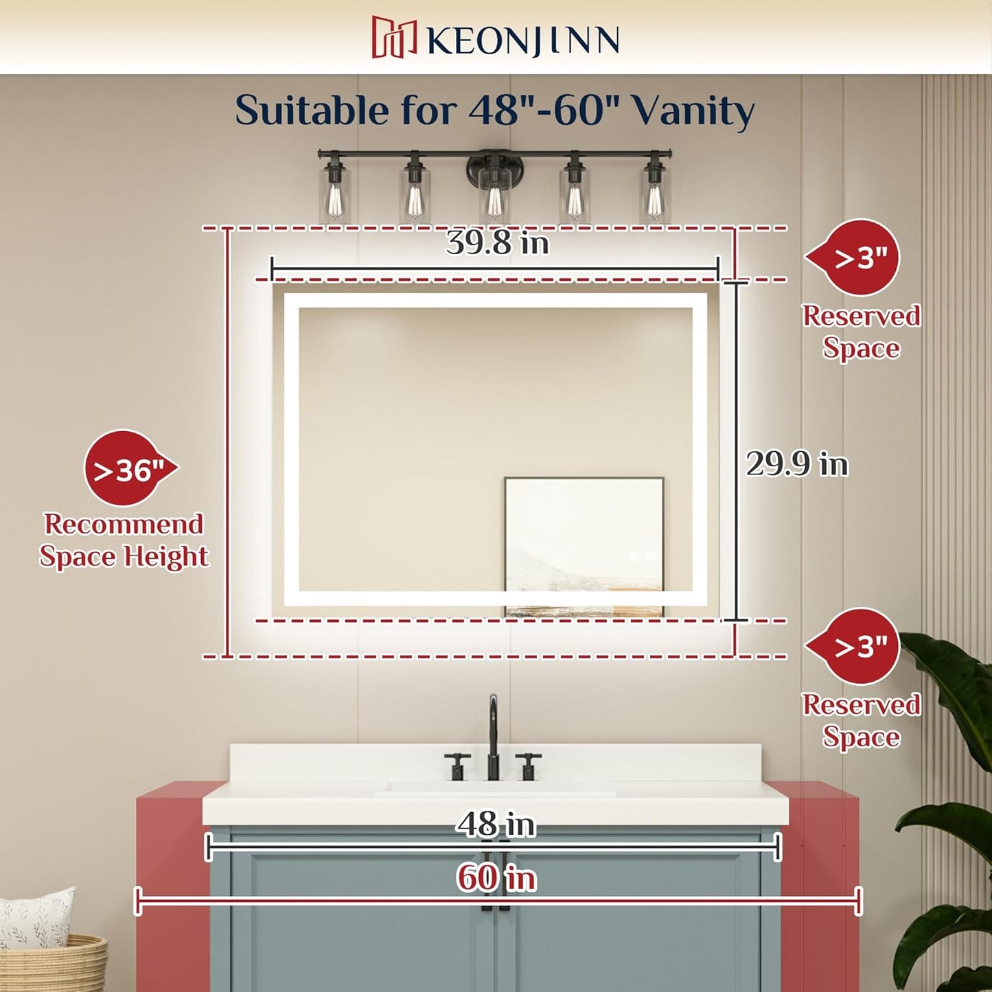Keonjinn LED Mirror for Bathroom 40 x 30 Inch, Frontlit & Backlit Bathroom Vanity Mirror with 3 Color Lights, Lighted Bathroom Mirror with Anti-Fog, HD Tempered Glass, UL-Listed LED Driver, CRI90+