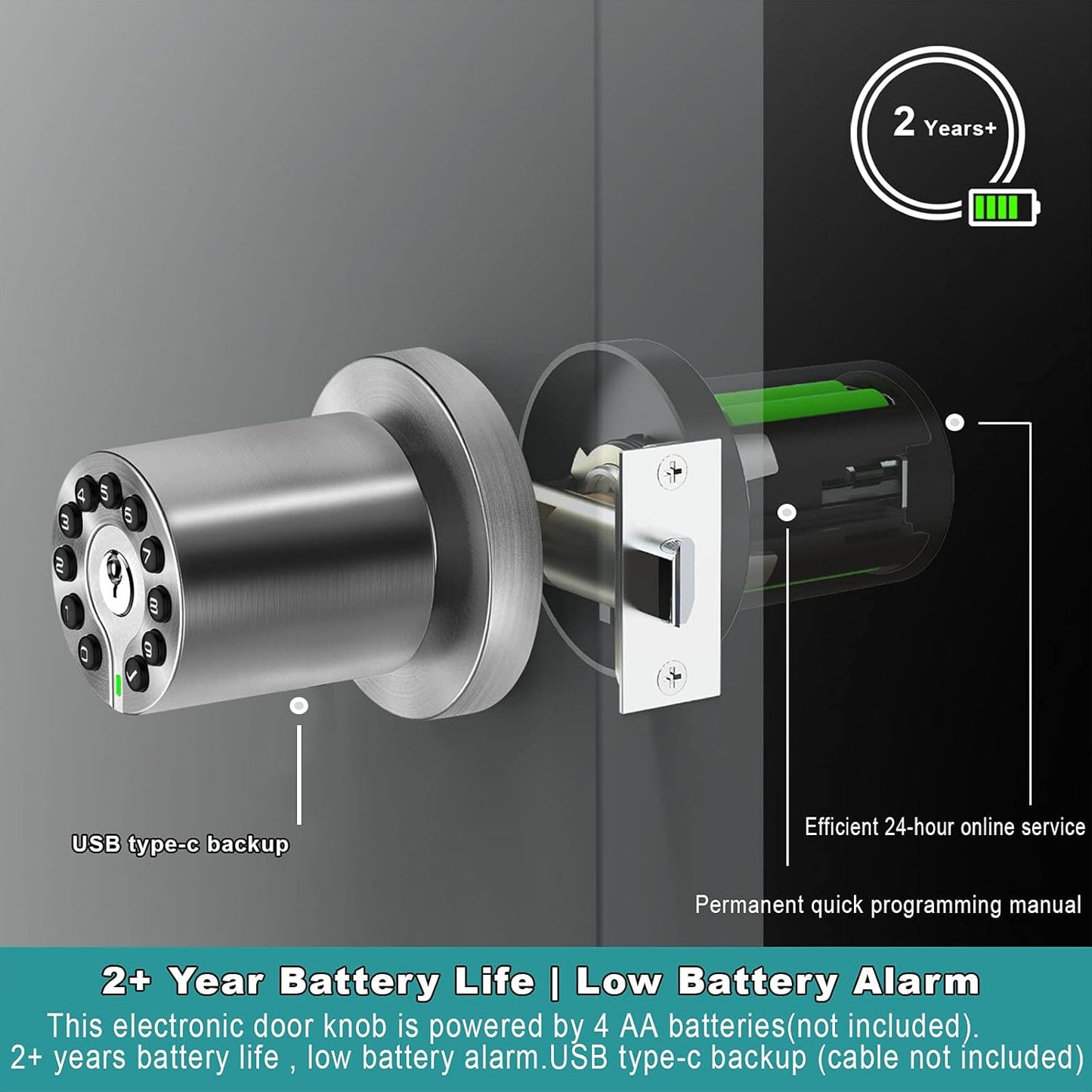 Keypad Door Knob with Key,Keyless Entry Door Lock, Code Locks Door Knob, Auto Lock,50 User Code,Easy to Install,for Home,Office,Hotel,Bedroom,Garage,No Deadbolt