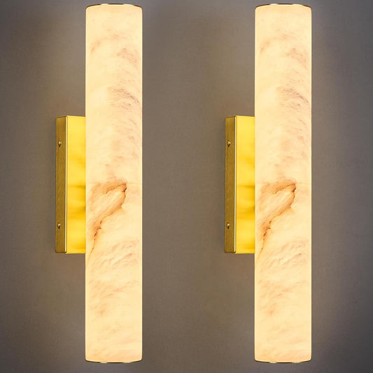 LMQNINE Natural Alabaster Wall Sconces Set of Two Spanish Marble Wall Light Cylinder Modern Gold LED Sconce for Living Room Bedroom Bathroo Stairs（S-2Pack）