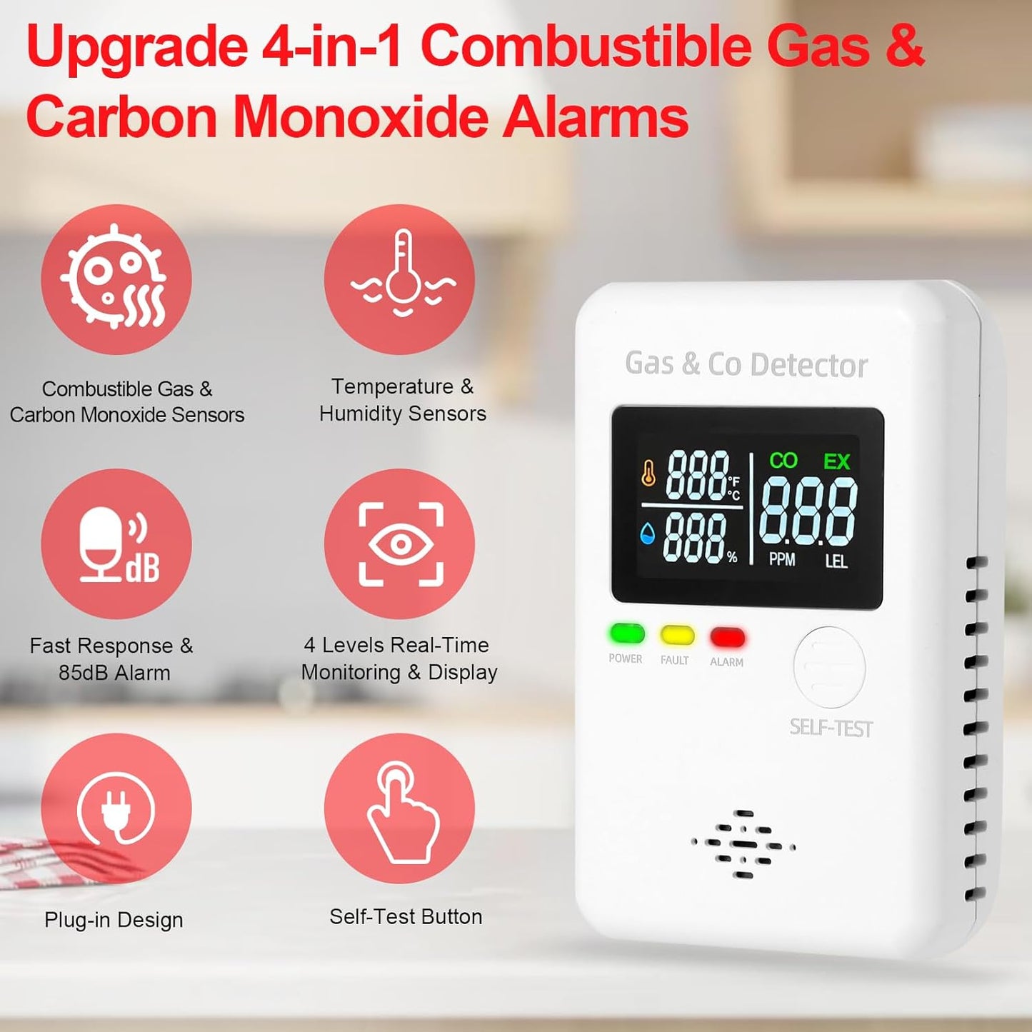 2 Packs Combination Natural Gas Detector & Carbon Monoxide Alarm,4-in-1 Real-time Display & Monitor,Low-Concentration Detect,Plug in Propane Detector & CO Alarm for Home,Camping,RV, Apartment