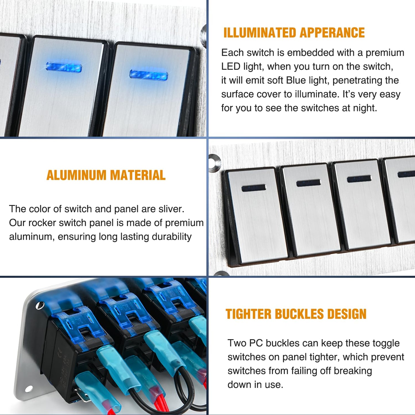 Nilight 2 Gang Rocker Switch Panel 3 Pin On Off Pre-Wired Blue LED Waterproof Aluminum with DIY Stickers for 12V 24V Automotive Cars Marine Boats UTV Truck Jeeps