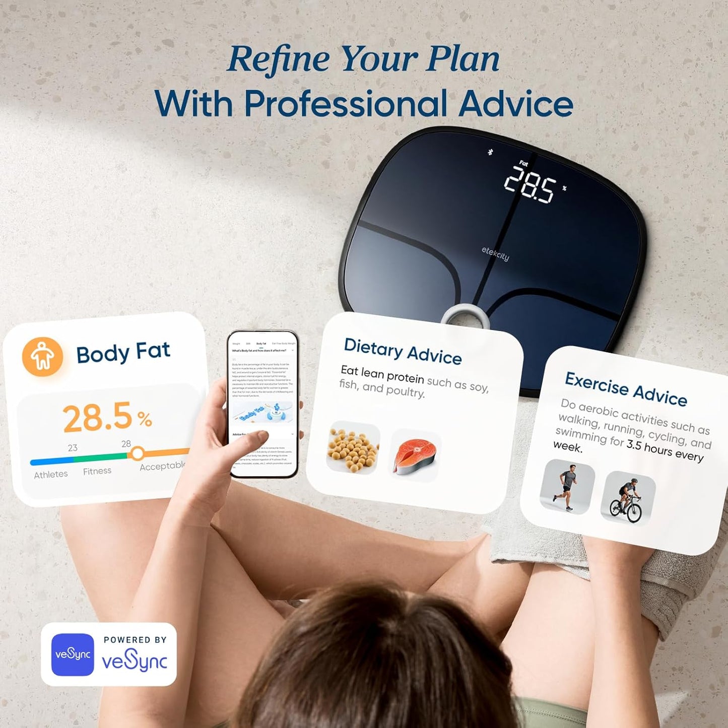 Etekcity Smart Rechargeable Scale for Body Weight, BMI, Fat, Muscle Mass, Digital Bathroom Scale with 13 Metrics, Secret Mode, Bluetooth Connect to Free Apps, Stealth Black
