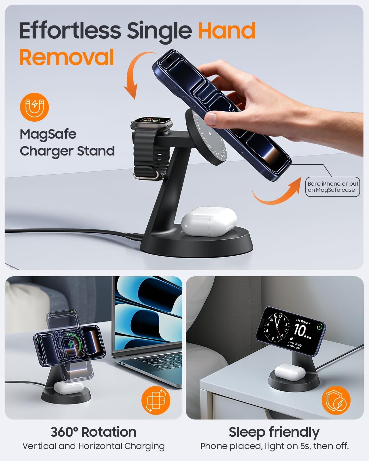 3 in 1 Magnetic Charging Station for Apple Devices, 15W Fast Wireless Charger Compatible with MagSafe Charging Stand Dock for iPhone 17 16 15 14 13 12, Watch Charger Stand for Apple Watch & Earbuds