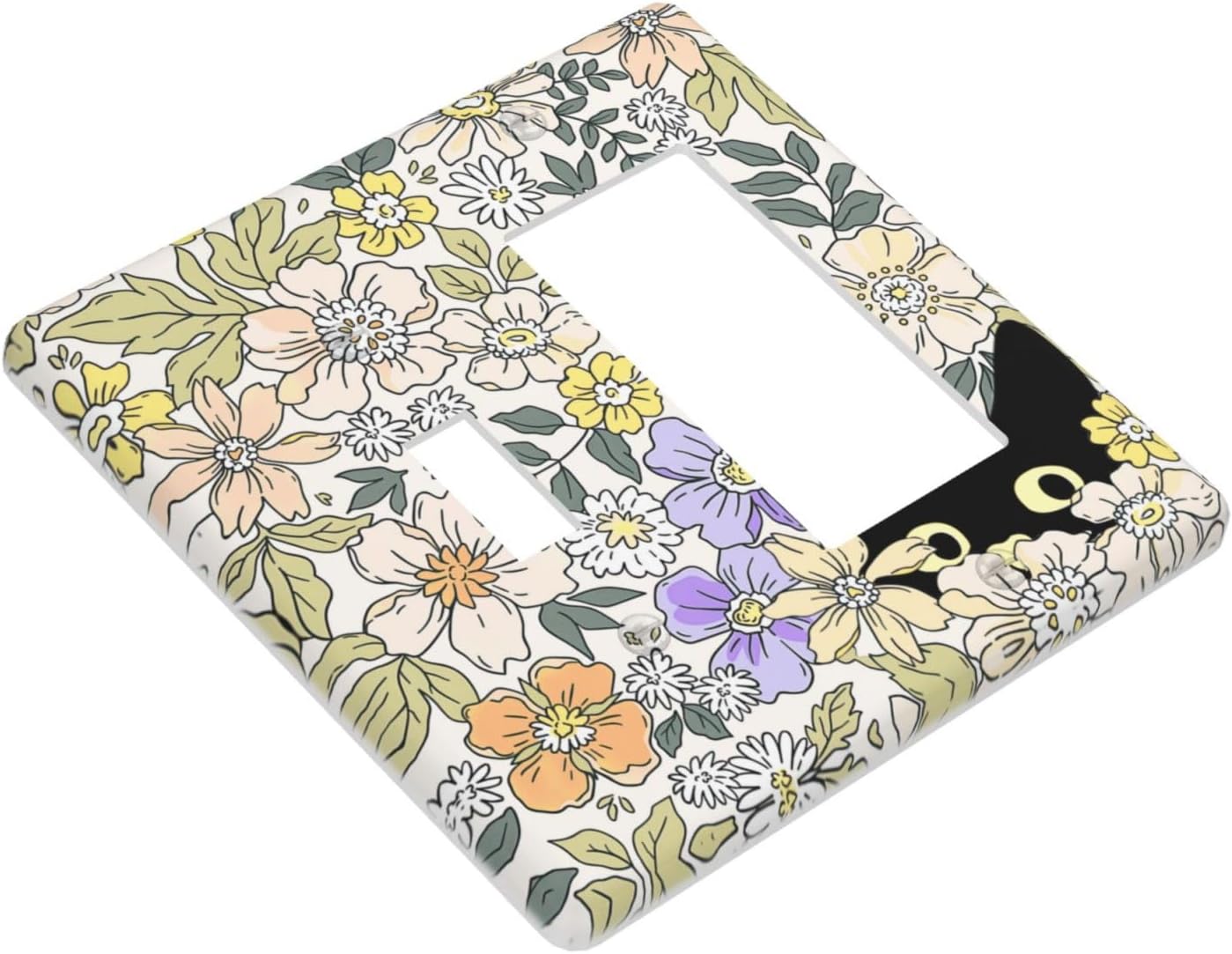 Decorative Outlet Covers Cute Black Cat in a Flower Patch Botanical Garden 2 Gang 1 Gang Wall Plate Single Toggle Rocker Light Switch Covers Switch Plate Cover for Bedroom Home Decor