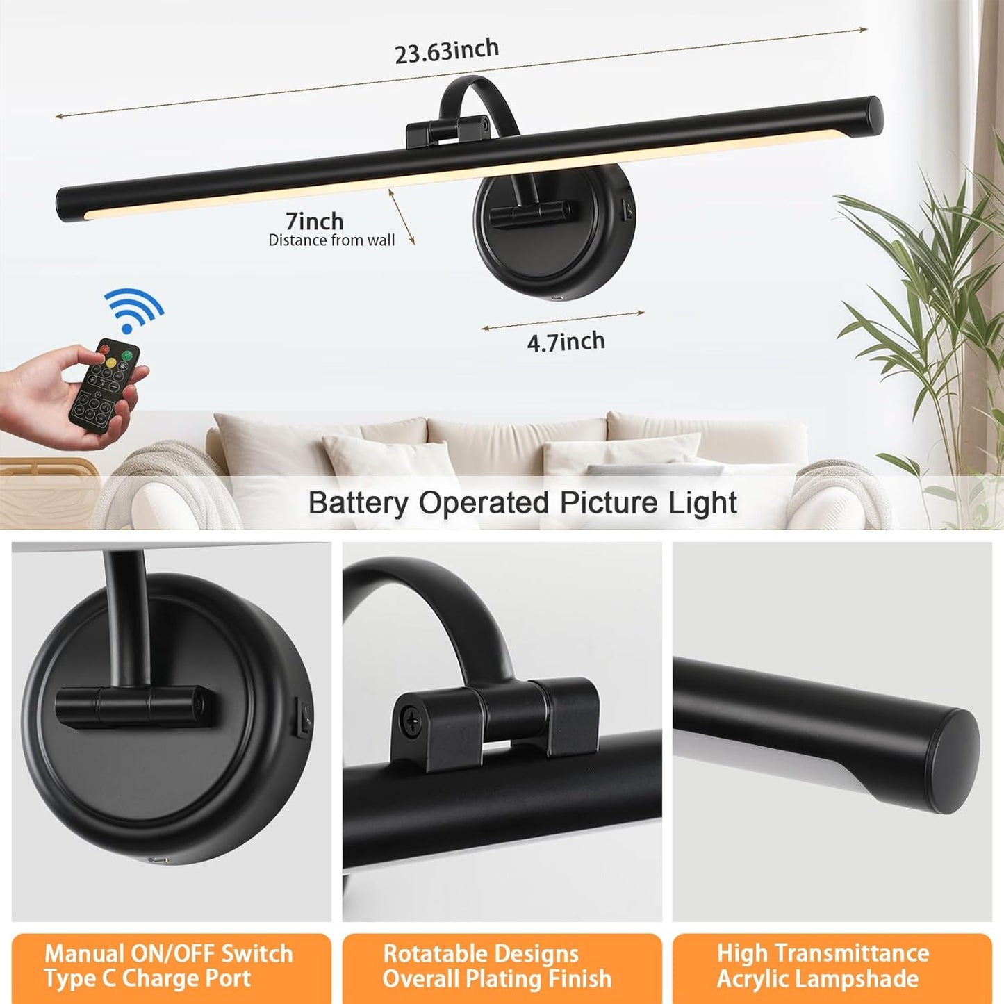 LED Picture Light,Cord-free Picture Frame Light for Wall, 5000mAh Rechargeable Art Lights, Cordless Battery Wall Sconce for Paintings ,Art work,Portraits, Dartboards, Bookshelf(Black, 23.6inch)