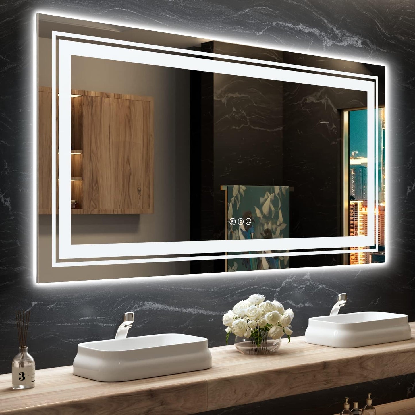 LED Bathroom Mirror, 72"X36" with Front and Backlit, Anti-Fog, Large Bathroom Vanity Mirror for Wall, Memory Function, Stepless Dimmable, Tempered Glass (Horizontal/Vertical)