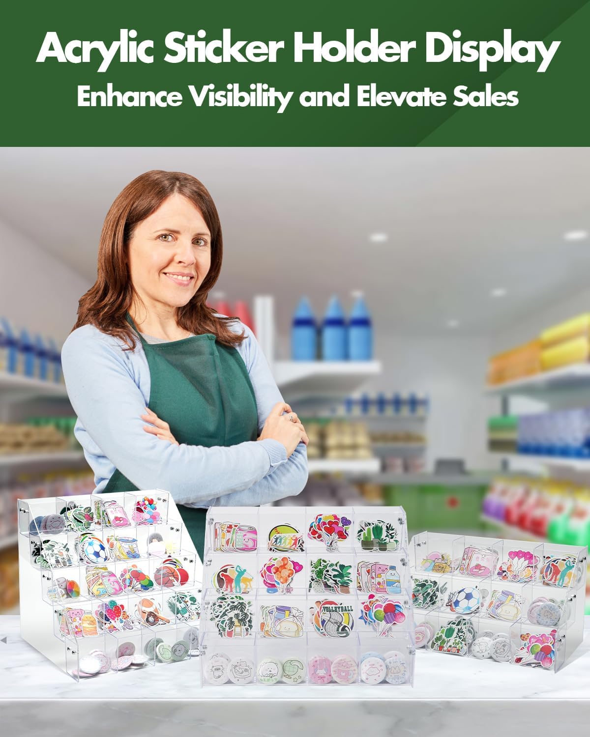 UCEC 4-Tier Sticker Display Stand for Vendors, 16-Pocket Acrylic Display Stands & Card Stand, Portable Organizer for Trade Shows, Retail Stores, Small Business Supplier Events