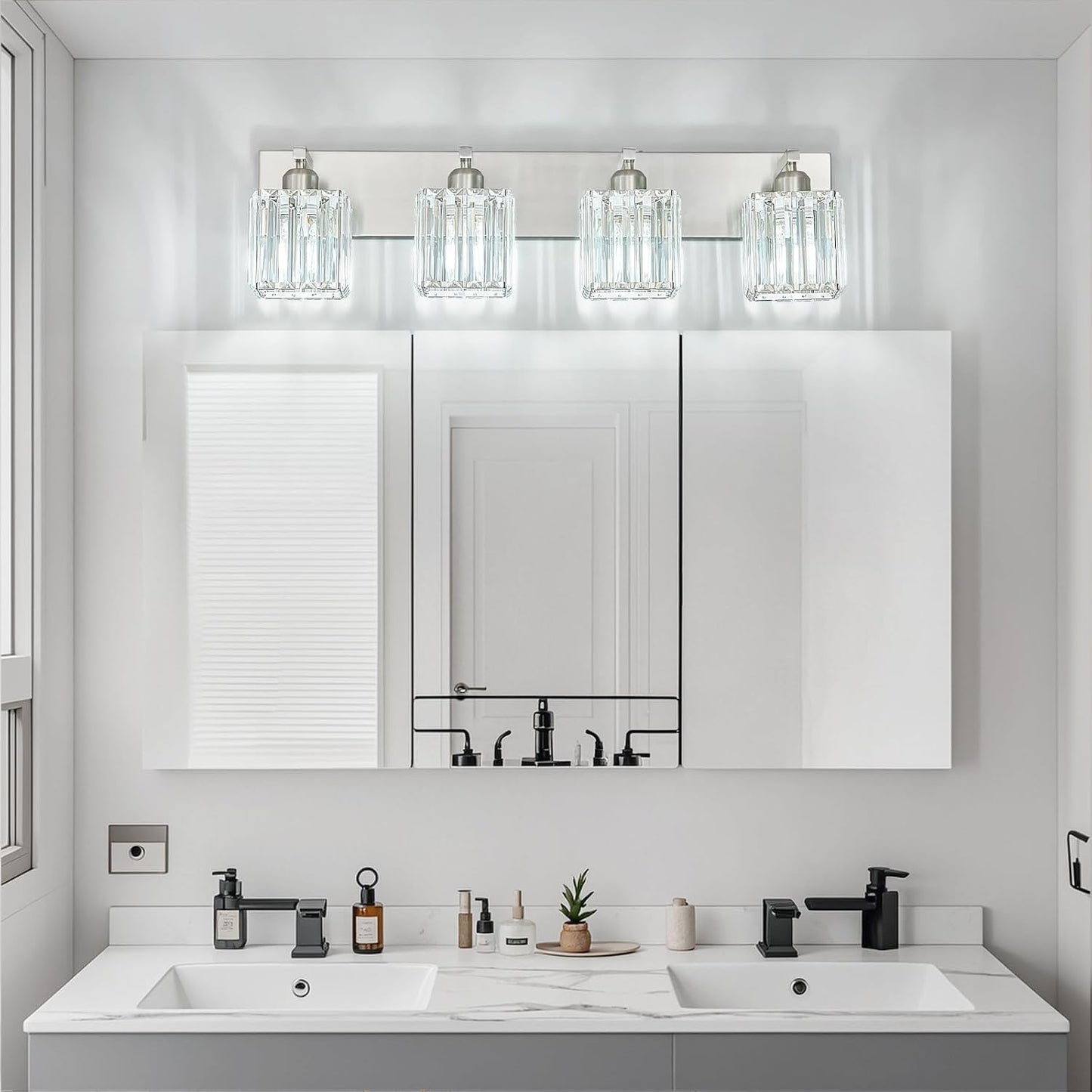 Modern Vanity Light 4-Lights Brushed Nickel Vanity Light Crystal Bathroom Wall Light Bathroom Light Fixtures