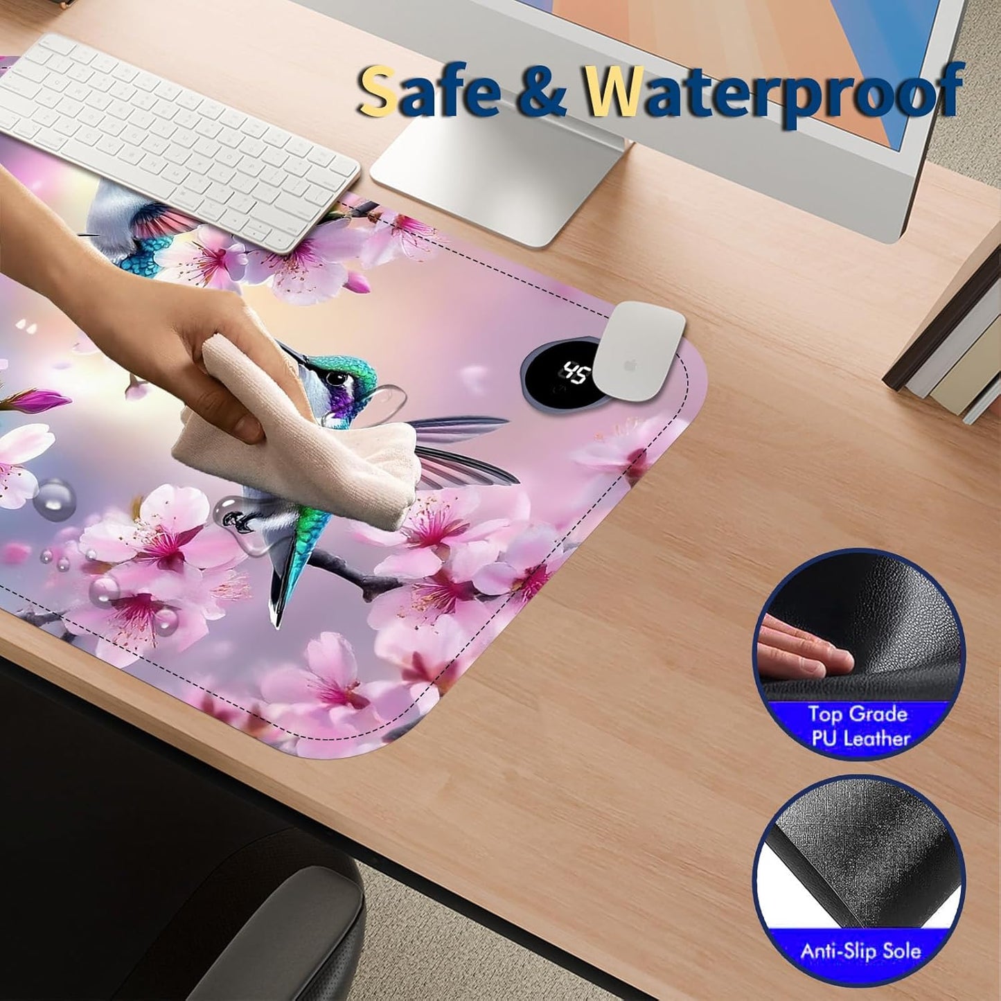 Heated Mouse Pad with 3 Temperature Settings(104°F–122°F),Large 24x14.2 Inch PU Leather Heated Desk Mat,Waterproof Warming Pad for Office,Gaming & Cold Hands Relief,Hummingbirds Flowers