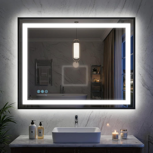 Antok 30X36 LED Bathroom Mirror with Lights, Vanity Mirror for Wall with Black Frame, Touch Control, Anti-Fog, Dimmable Lights, Shatter-Proof, Memory Function, Wall-Mounted Vanity Mirrors