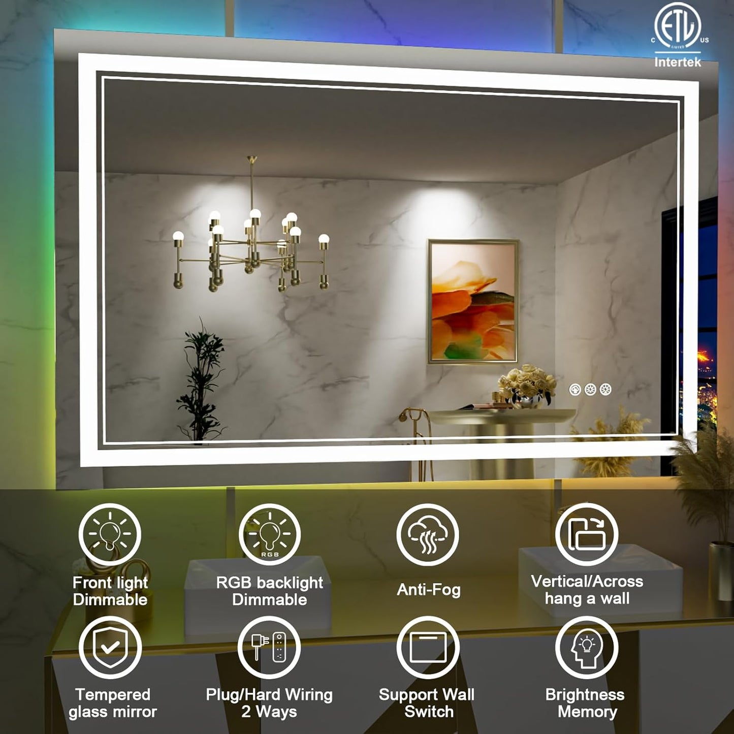 40x36 Inch RGB LED Bathroom Mirror with Lights, Color Changing RGB Backlit LED Mirror for Bathroom,Lighted Vanity Mirrors for Bathroom Wall, Dimmable, Anti-Fog (RGB Backlit+Front-Lit)