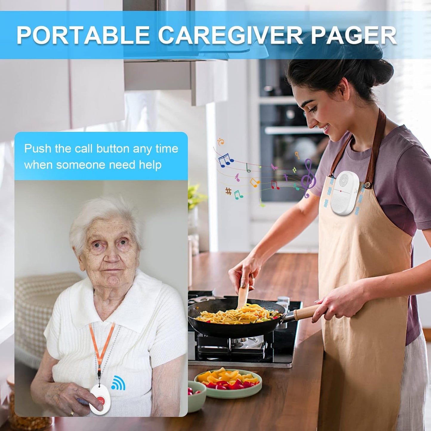 ChunHee Wireless Caregiver Pager Call Button Nurse Alert System Call Bell for Home/Elderly/Patient Emergency Vibration Pager 1 Transmitter+1 Receiver(800+Feet Operating Range)