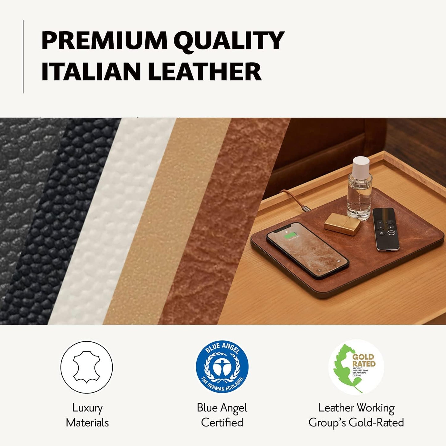 Courant Catch:3 Classics - Italian Leather Wireless Charging Station and Valet Tray (Black) - Compatible with iPhone 16, 15, 14, 13, 12, 11, Galaxy S24, S23, S22, S21, S20, Note, AirPods, AirPods Pro