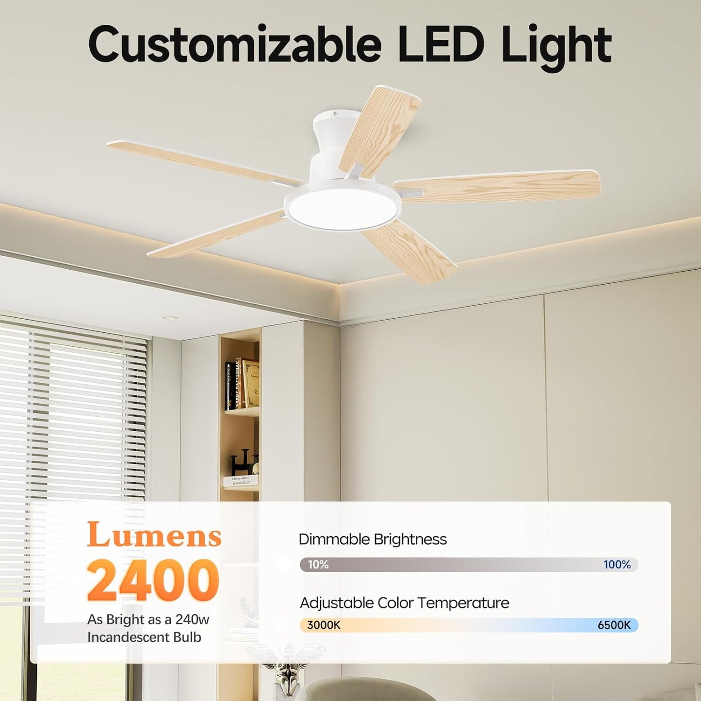 Ceiling Fans with Lights,52 inch,Nightlight,Quiet,Reversible Motor,6 Speeds,Timer, Low Profile Ceiling Fan for Bedroom,Living Room,Indoor/Outdoor Use(White)