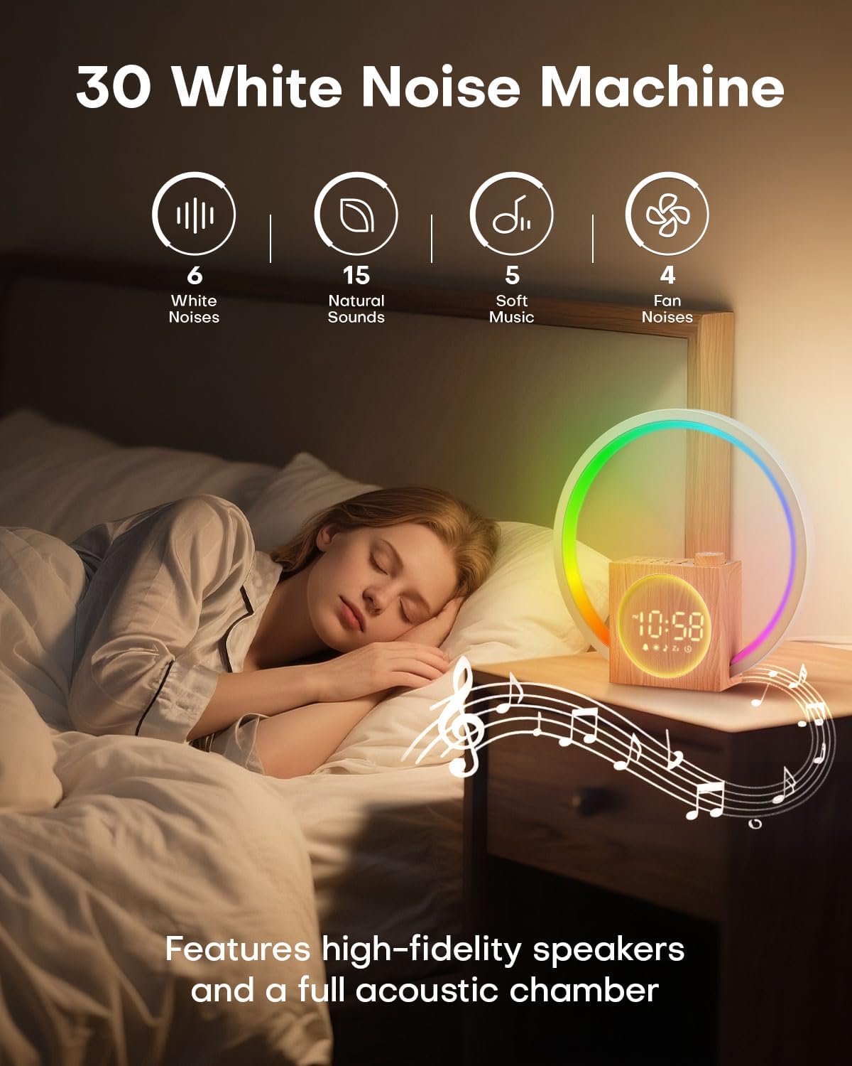 Sunrise Alarm Clock, White Noise Sound Machine, Alarm Clocks for Bedrooms with 12 Color Ambient Nightlight, White Noise Machine with 30 Soothing Sounds, Gifts for Adults, Kids, Couples, and Friends