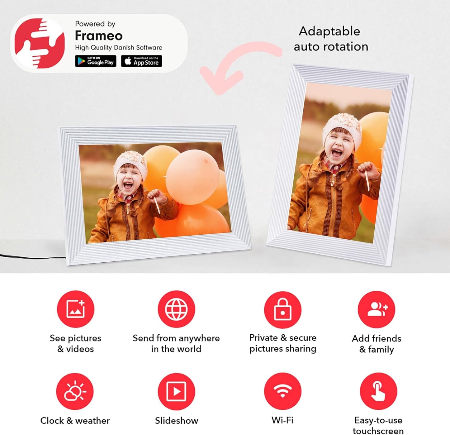 Frameo 10.1 Inch Smart WiFi Digital Photo Frame,Digital Picture Frame Wi-Fi with 32GB Storage & SD Slot, Electronic Picture Frame IPS Touch Screen with Auto-Rotate, Frameo Digital Frame WiFi -White
