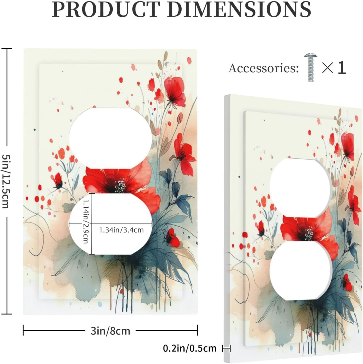 Vintage Floral Red Watercolor Modern Outlet Covers 1 Gang Duplex Light Switch Cover Wall Plate Decorative Switch Plates Electrical Receptacle Faceplate for Bedroom Bathroom Decor