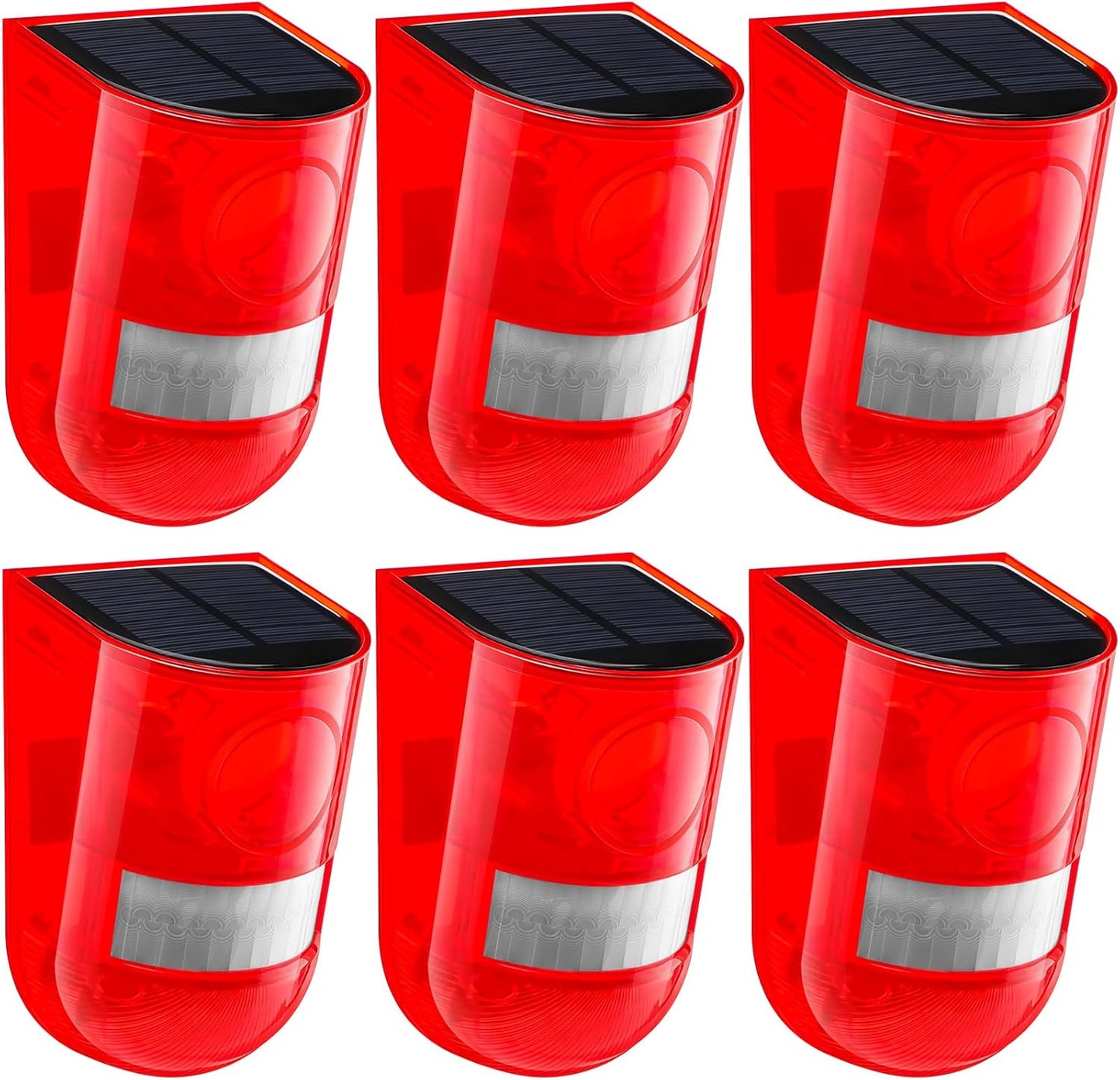 Qualirey 6 Pack Solar Sound and Light Alarm Motion Sensor 129db Outdoor Security Siren Waterproof Motion Activated Detector Alarm 6 LEDs Flash Warning Strobe System for Home, Farm (Red)