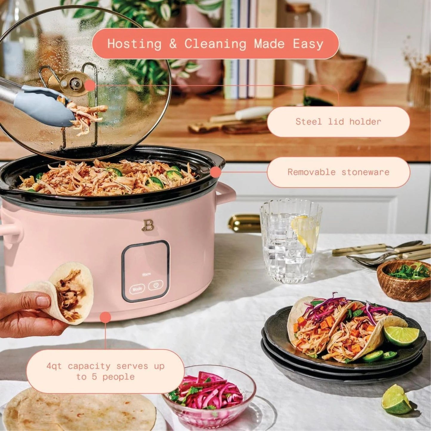 Beautiful 4-Qt Digital Slow Cooker with Smart Touch Screen, Removable Pot, Timer Presets, Ideal for Small Families