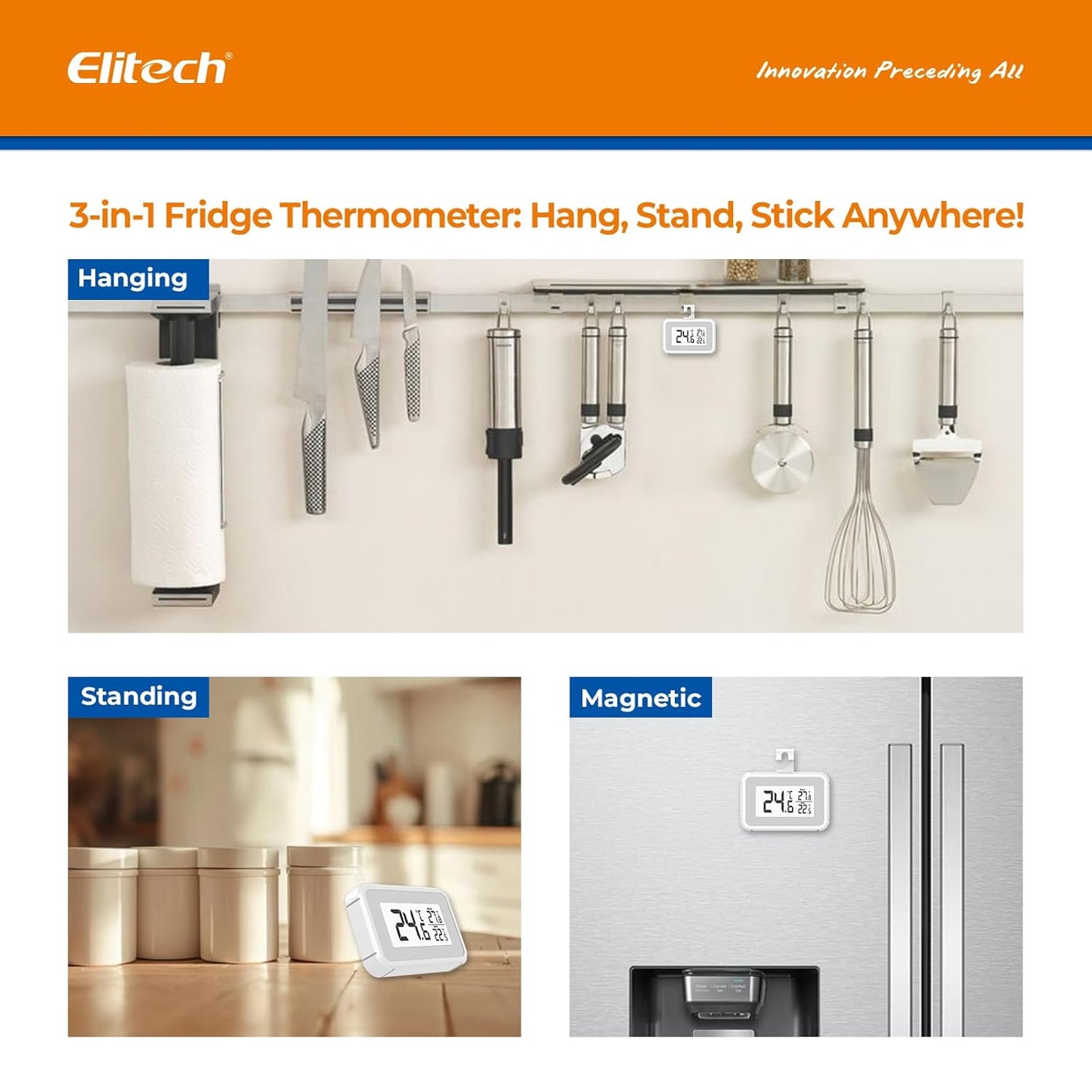 Elitech Fridge Thermometer Digital Freeze Refrigerator Thermometer Waterproof Large LCD Display Max/Min Record Function TM-2T