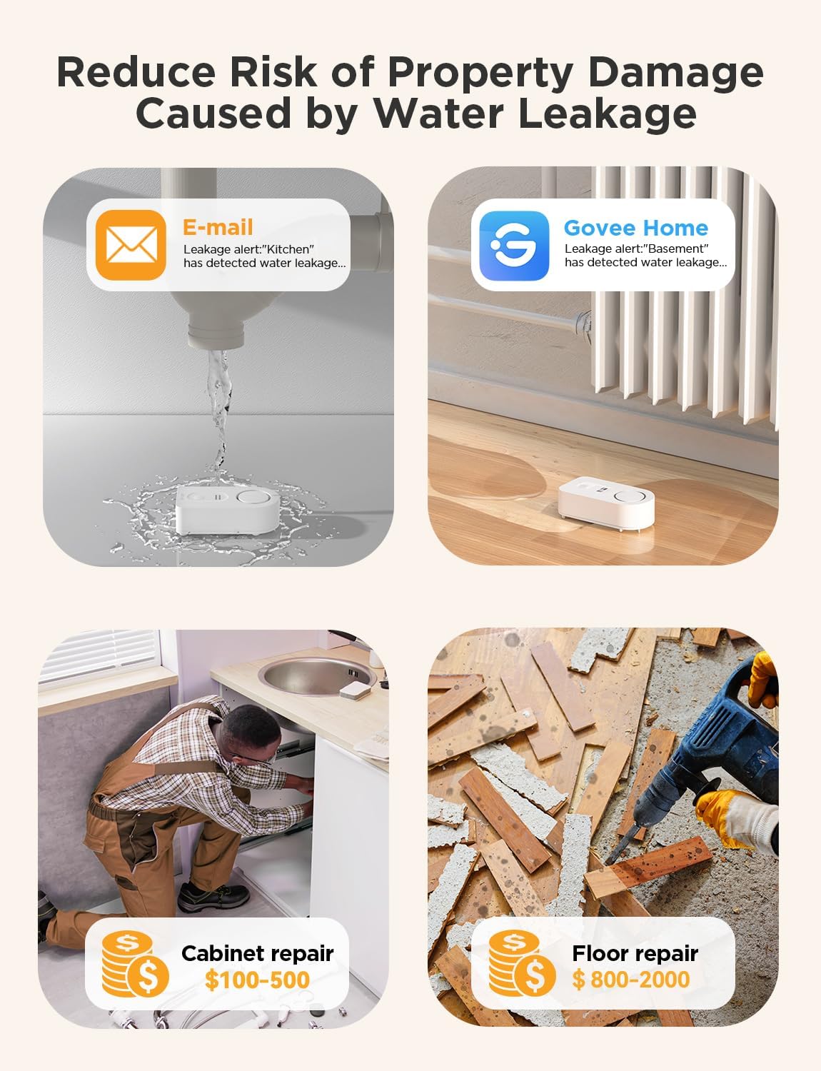 Govee WiFi Water Sensor 1 Pack, Smart Water Leak Detector, 100dB Adjustable Alarm Suit for Home and Basement, Water Leak Alert with Email & APP Push (Only Support 2.4G Wi-Fi)