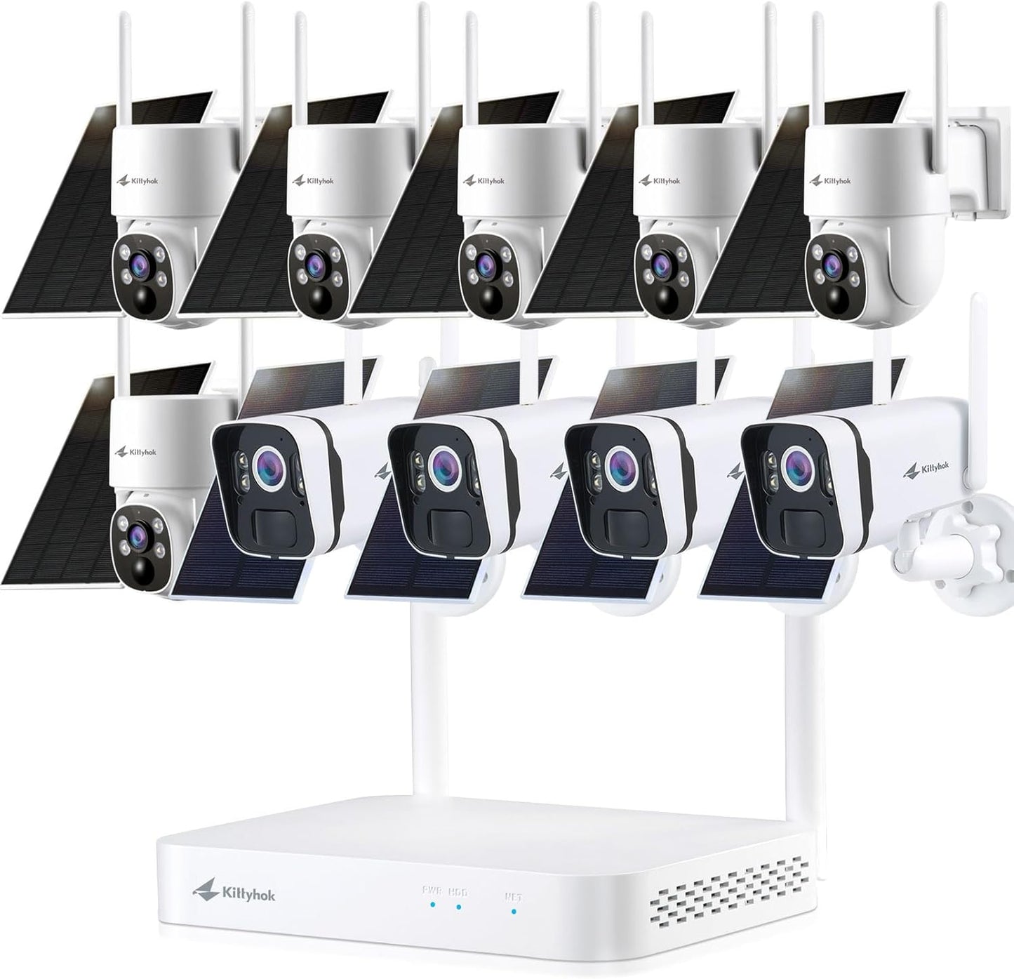 Kittyhok 2K Solar Home Security Camera System, Smart Human Detection, Spotlight, Forever Power, 10CH NVR, 0 Monthly Fee, KBS4084 Bundle with Battery Powered PT Solar Camera BY4