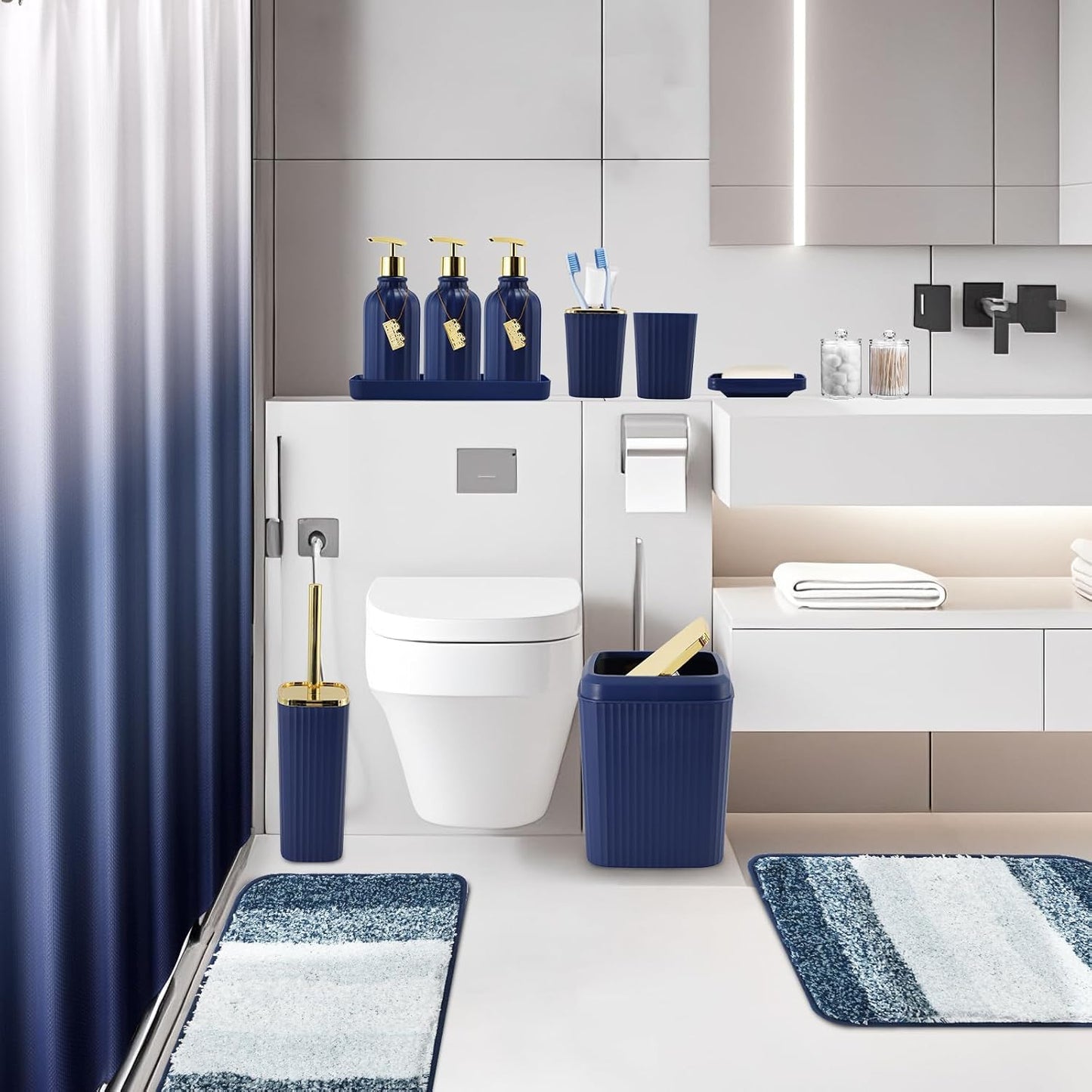 32PCS Bathroom Set Bathroom Sets with Shower Curtain and Rugs Navy Blue Bathroom Accessories,Shower Curtain Set,Bathroom Rug Set with Bathroom Trash Can