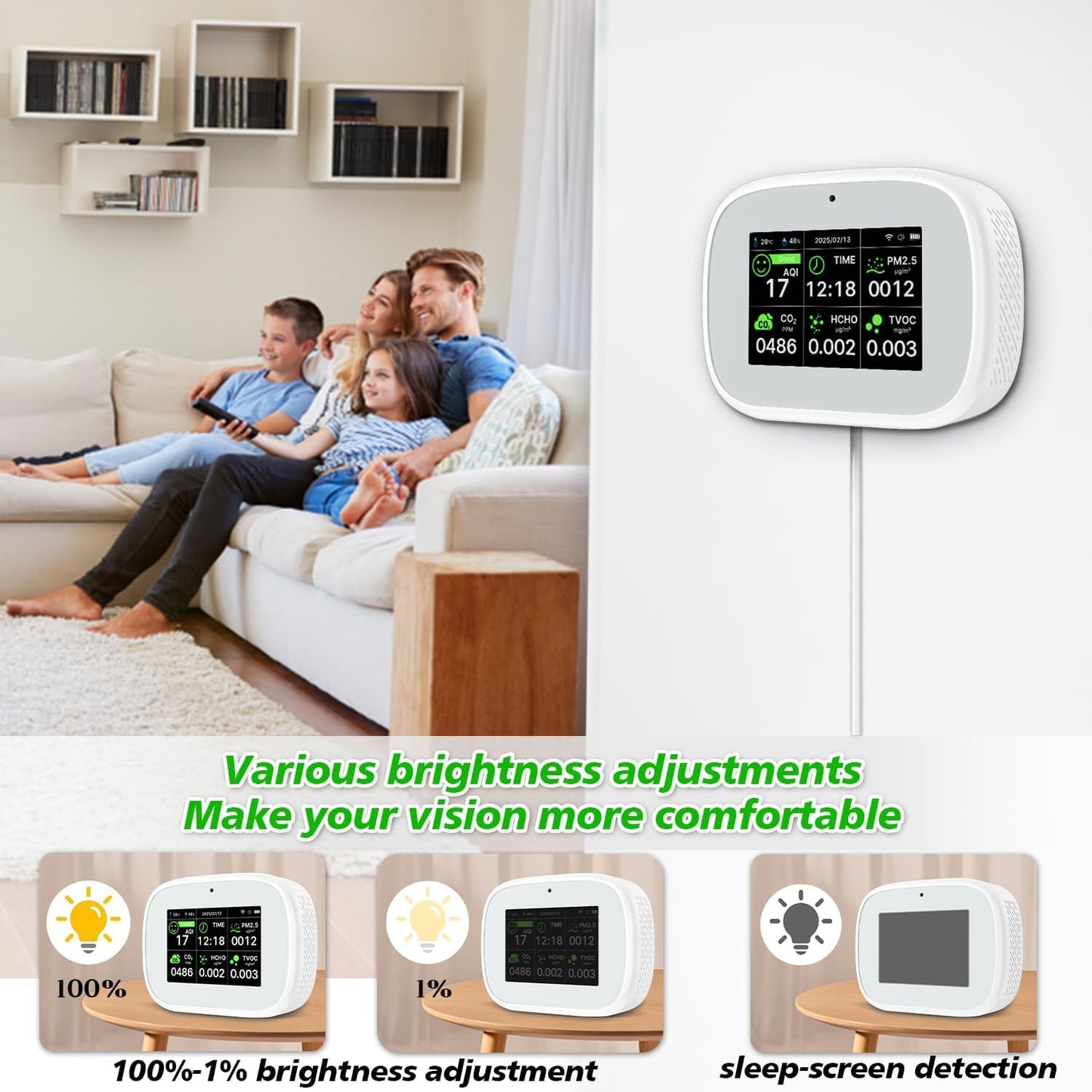 18-in-1 Smart Air Quality Monitor - Indoor WiFi Air Quality Detector with Dual Chip, Real-Time for AQI, CO2, PM2.5, PM1.0, PM10, TVOC, HCHO, Time Display, Temperature & Humidity (White-Black)