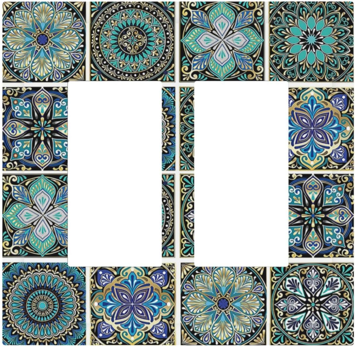 Decorative Outlet Covers Mandala Decorative Rustic Vintage Turquoise Pattern 2 Gang Double GFCI Rocker Electrical Wall Panels Light Switch Cover Plate for Bedroom Bathroom Decor