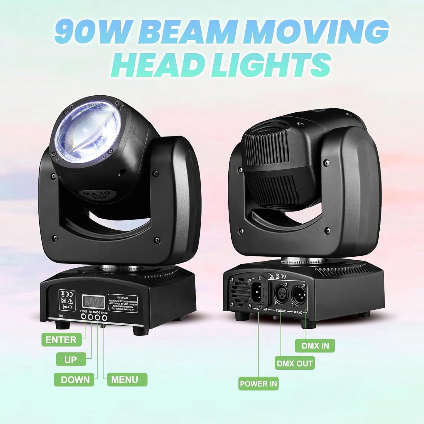 90W LED Moving Head DJ Lights Mini Beam Stage Lights Super Bright Spot RGBW 4IN1 DMX 512 13CH Sound-Activated for Wedding DJ Party Stage Lighting (90W, 2)