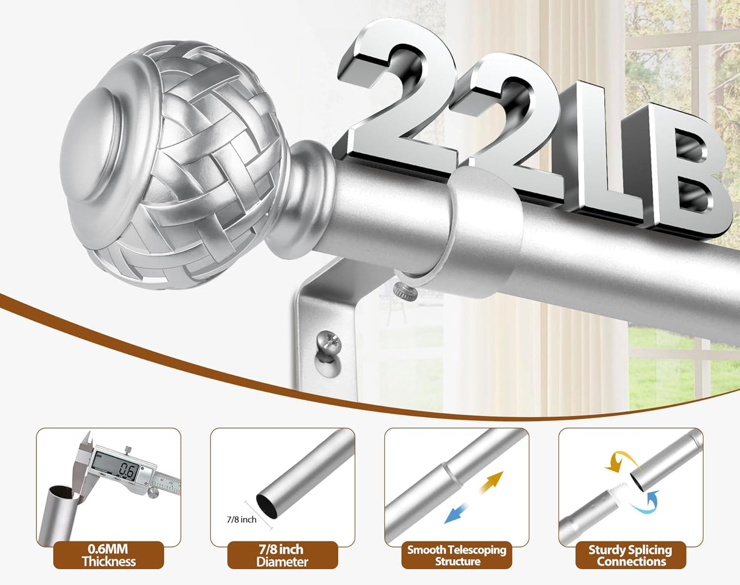TONIAL Silver Curtain Rod 32 to 120 Inches, 7/8 Adjustable Curtain Rods for Windows 20 to 116 Inches, Splicing Drapery Rods Decorative with Netted Texture Finials