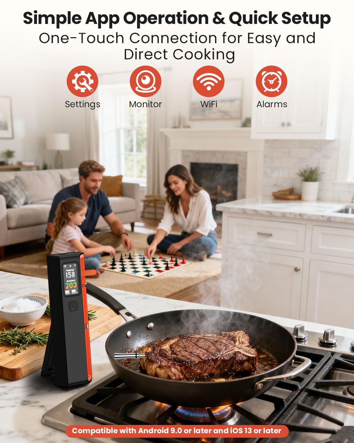 Wireless Bluetooth Smart Meat Thermometer: ±0.5°F Accuracy, 1 Probe with 6 Sensors - WiFi Digital Thermometer with LED Base, NIST Certified Accuracy, Long-Range for BBQ, Grill, Smoker, Oven