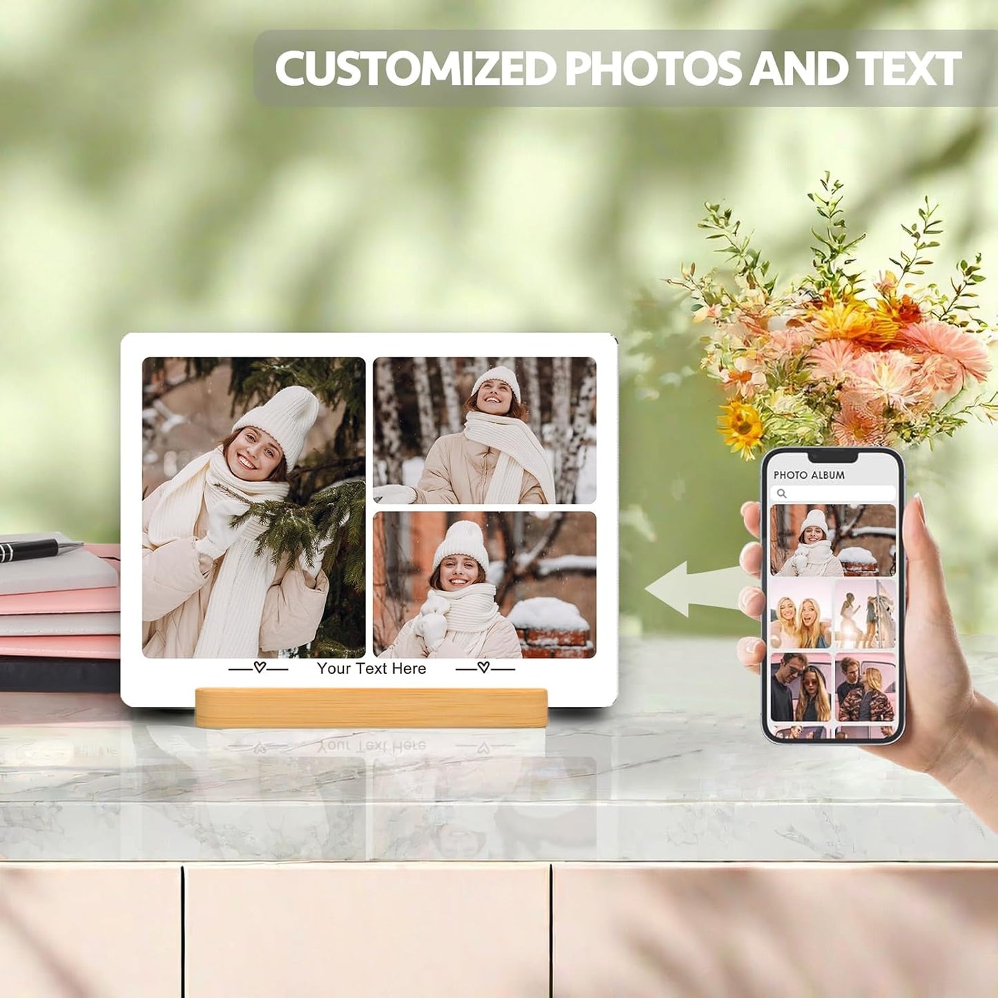 Custom Photo Prints - Metal Desktop Picture Frame with Collage Photos & Text & Wooden Base Personalized Gifts for Family Friends Lovers and Pets, Optional Multiple Sizes