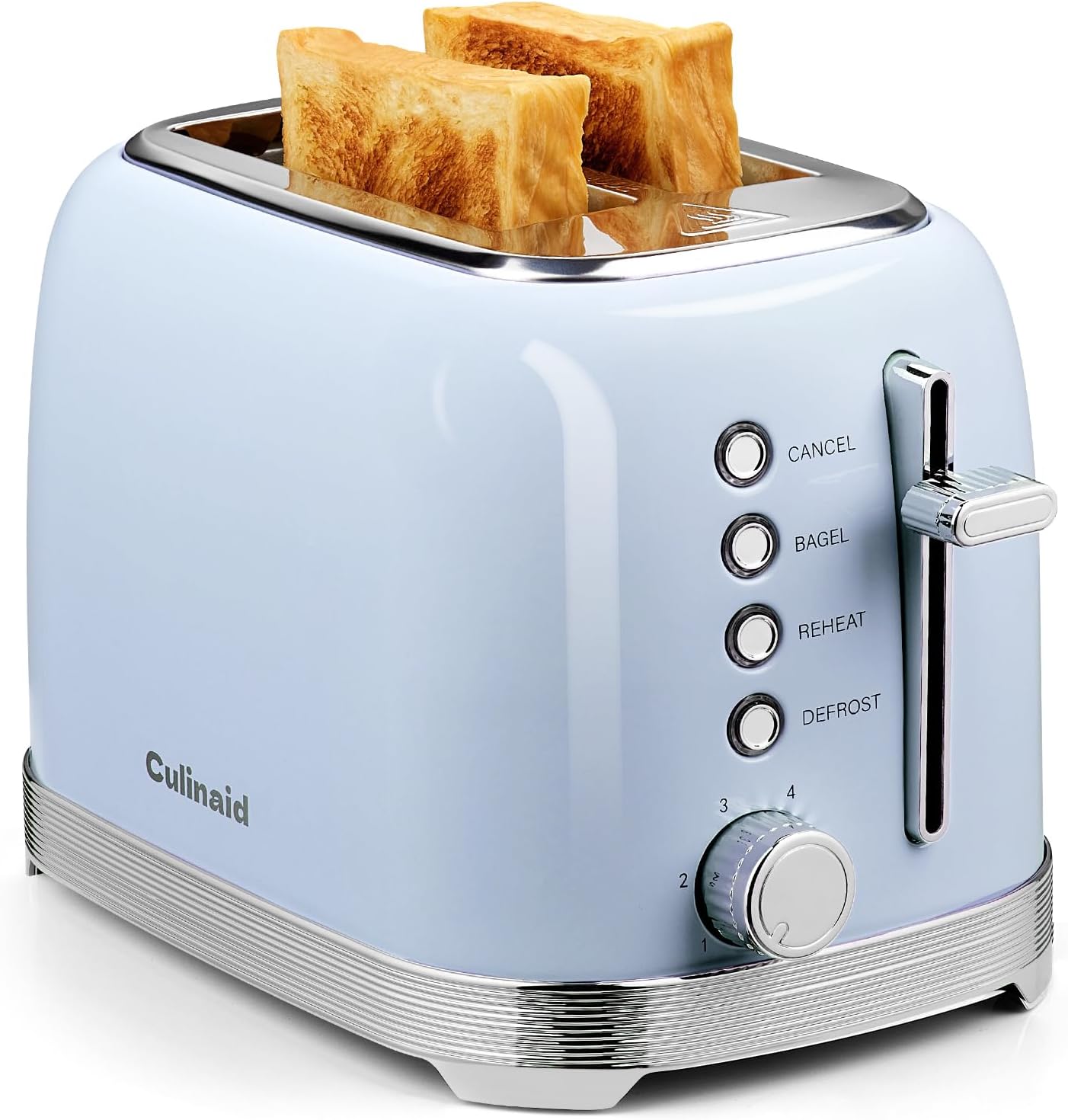 Toaster 2 Slice Retro Stainless Steel with 1.5” Extra Wide Slots Bagel, Defrost, Reheat, Cancel Functions, 6 Bread Shade Settings, Removable Crumb Tray, Blue