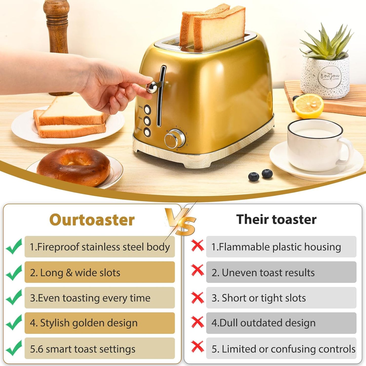 Gold Toaster 2 Slice, Wide Slot Stainless Steel, Mouqat – Best Gift, 6 Shade Settings, Bagel/Cancel/Defrost Functions, Removable Crumb Tray, Different Toast Sizes, Kitchen Essential, Cord Wrap – 825W