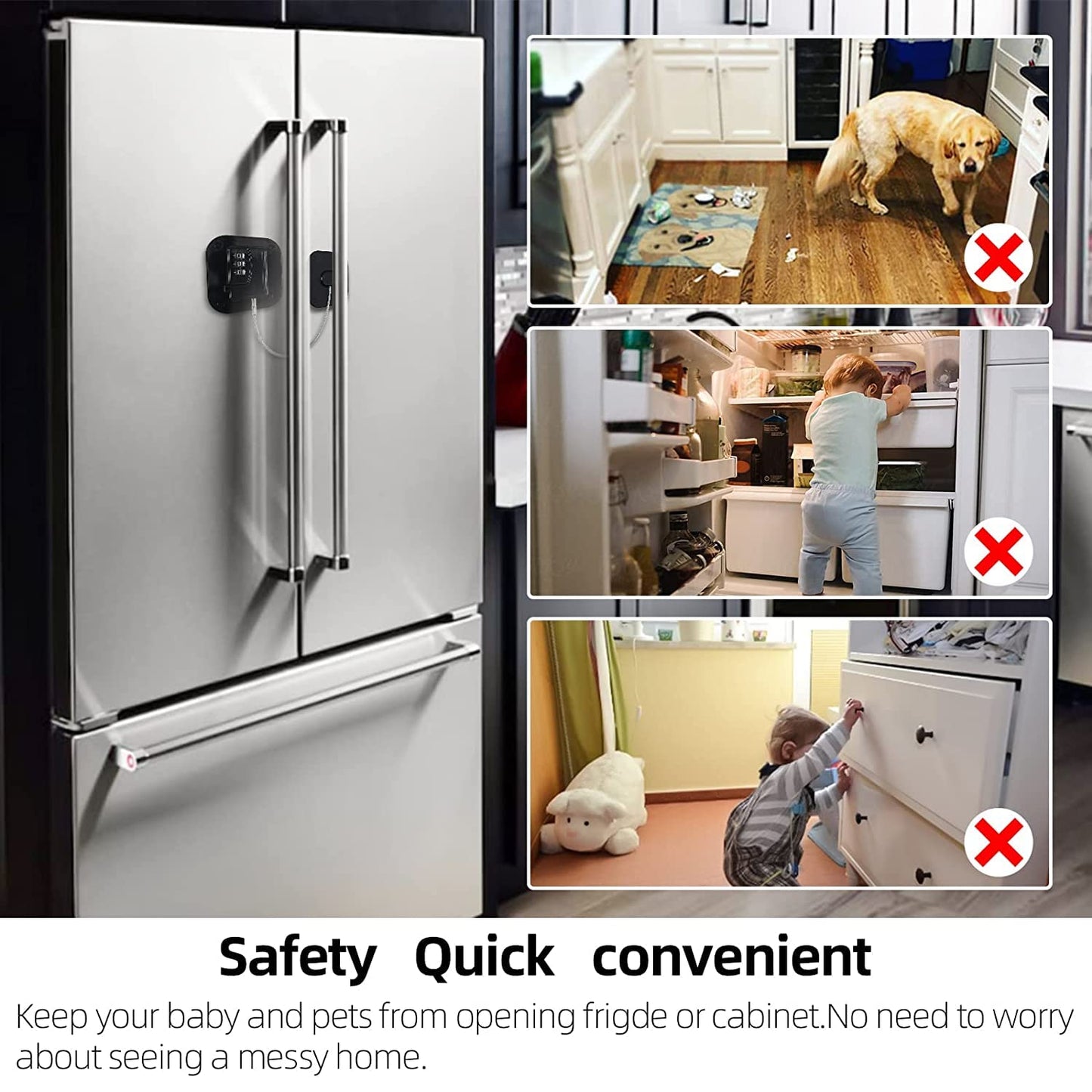 A Pack Refrigerator Lock - Heavy Duty Combination Fridge Lock, Child/Baby Proofing Lock for Cabinets, Closets, Drawers, Window and More, Easy Install and Use (White)