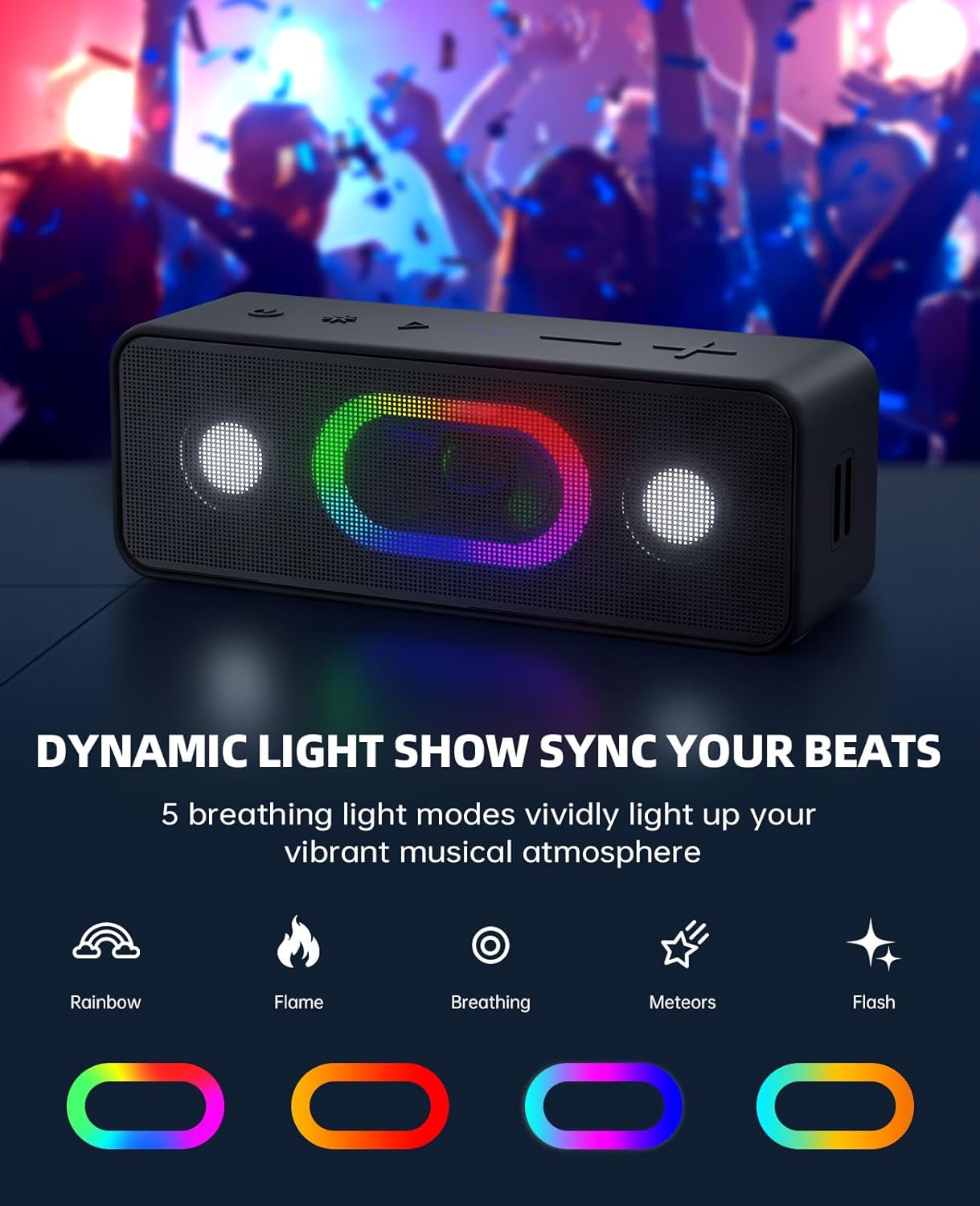 OHAYO Bluetooth Speaker, Portable Wireless, IPX6 Waterproof, 16W HD Sound, 24H Playtime, TWS Pairing, LED Lights, Speakers for Home/Outdoors/Travel, Birthday Gifts, Stocking Stuffers, Black, Small