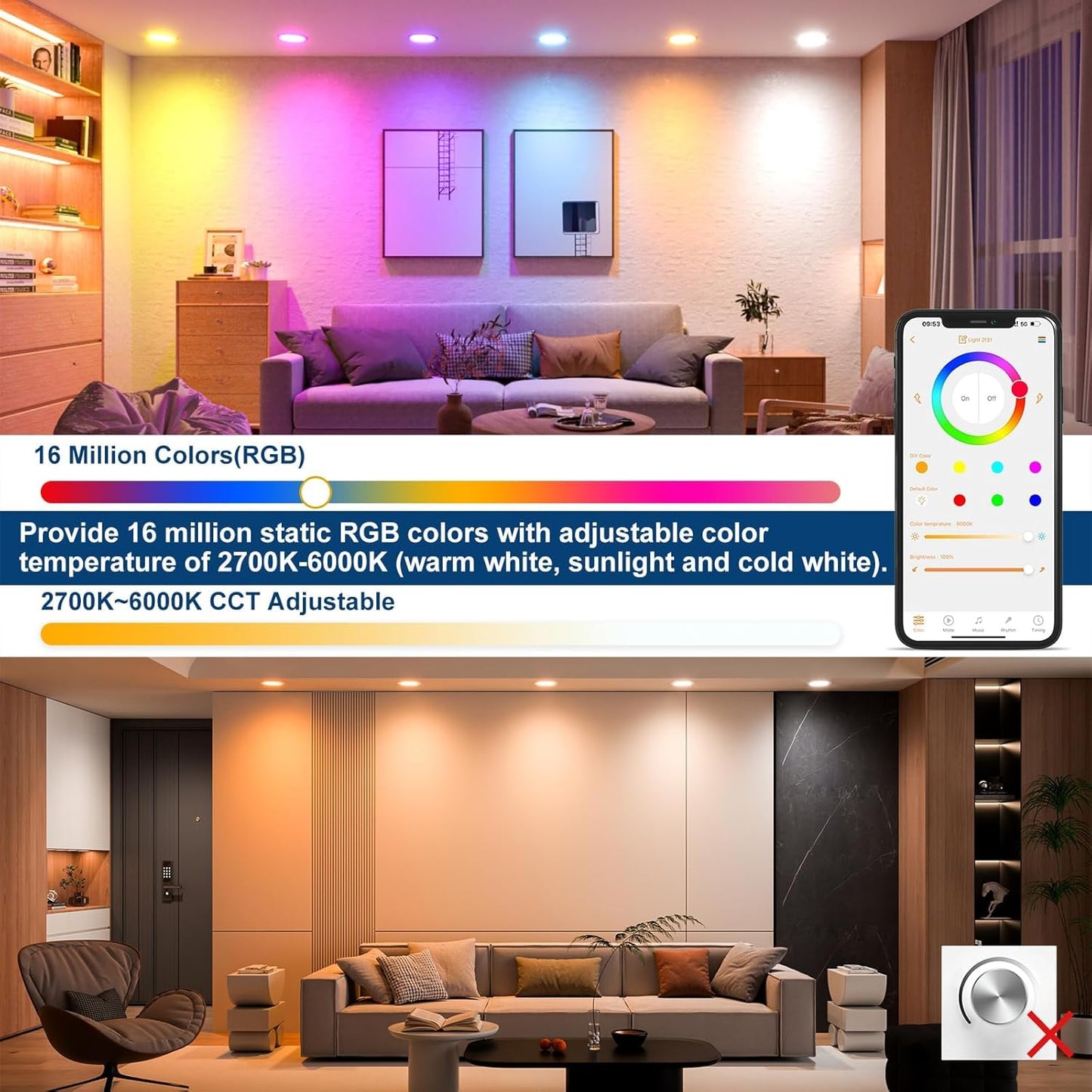 Smart Recessed Lighting 4 Inch RGBCW Color Changing 12W LED Downlight with Junction Box,1000 Lumen Recessed Ceiling Light Compatible with Alexa,Dimmable by Bluetooth Control -12Pack