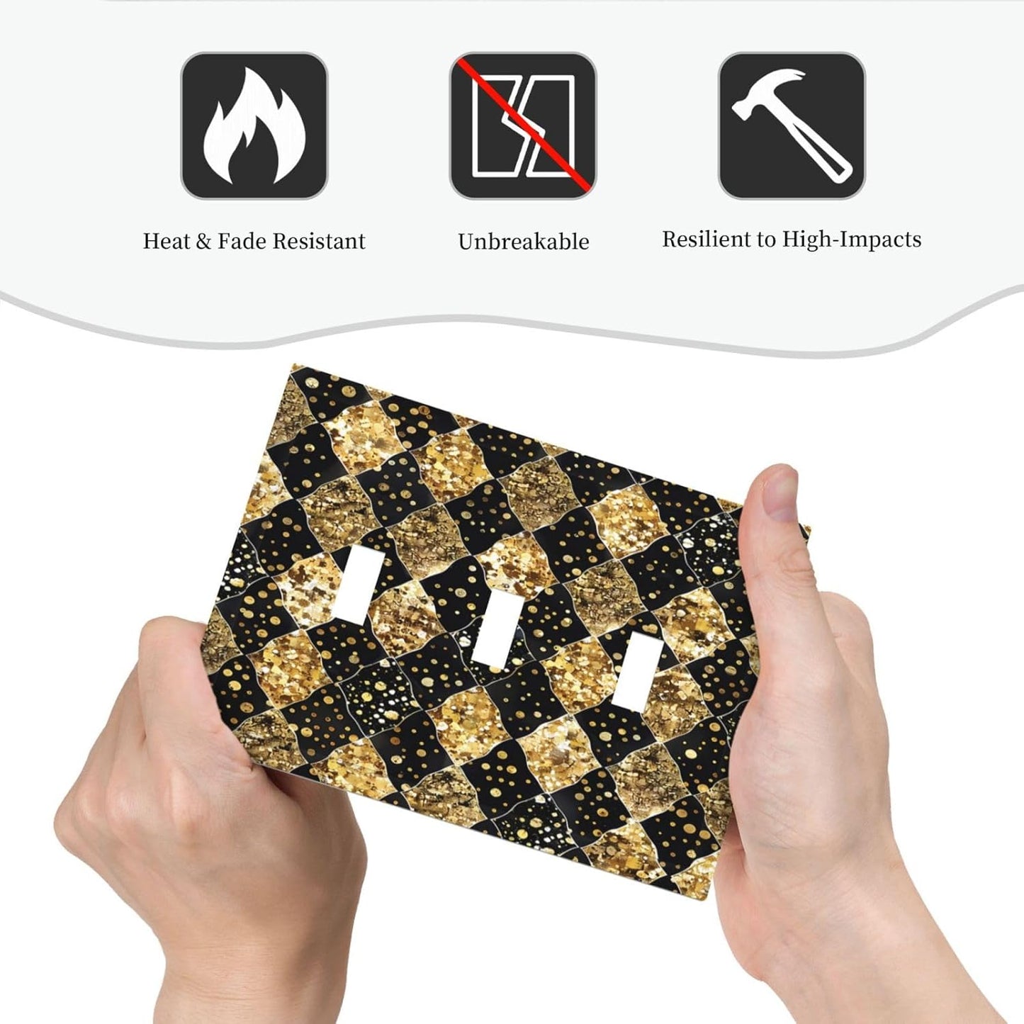Gold Black Marble Geometric Plaid Glitter Decorative Switch Plates 3 Gang Wall Plate Triple Toggle Light Switch Cover Electrical Wall Panels Faceplate for Bedroom Bathroom Decor