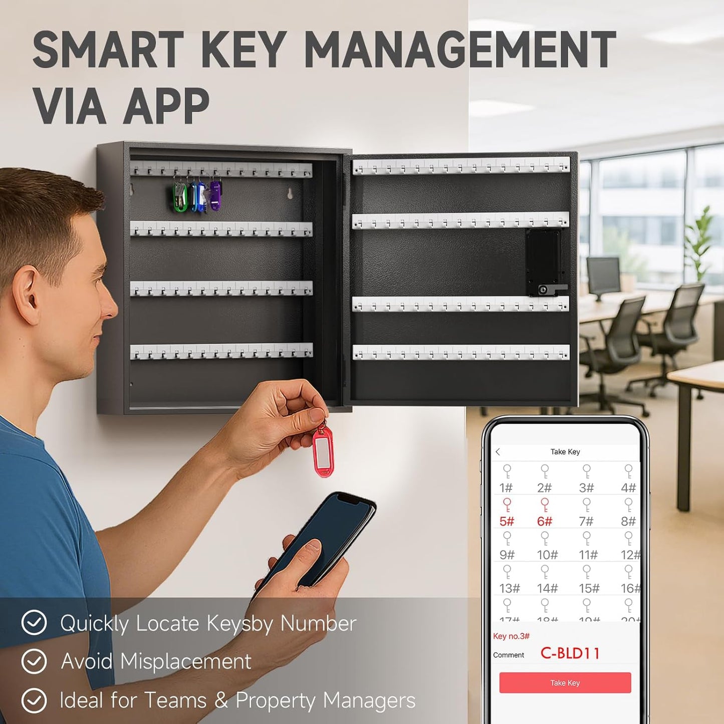 WeHere Smart Key Lock Box, Wall Mounted Key Cabinet with 120 Key Tags, Bluetooth App Control, OTP & Password Unlock, Wi-Fi Remote Unlock (Bridge Required), Steel Key Safe for Office Home Business