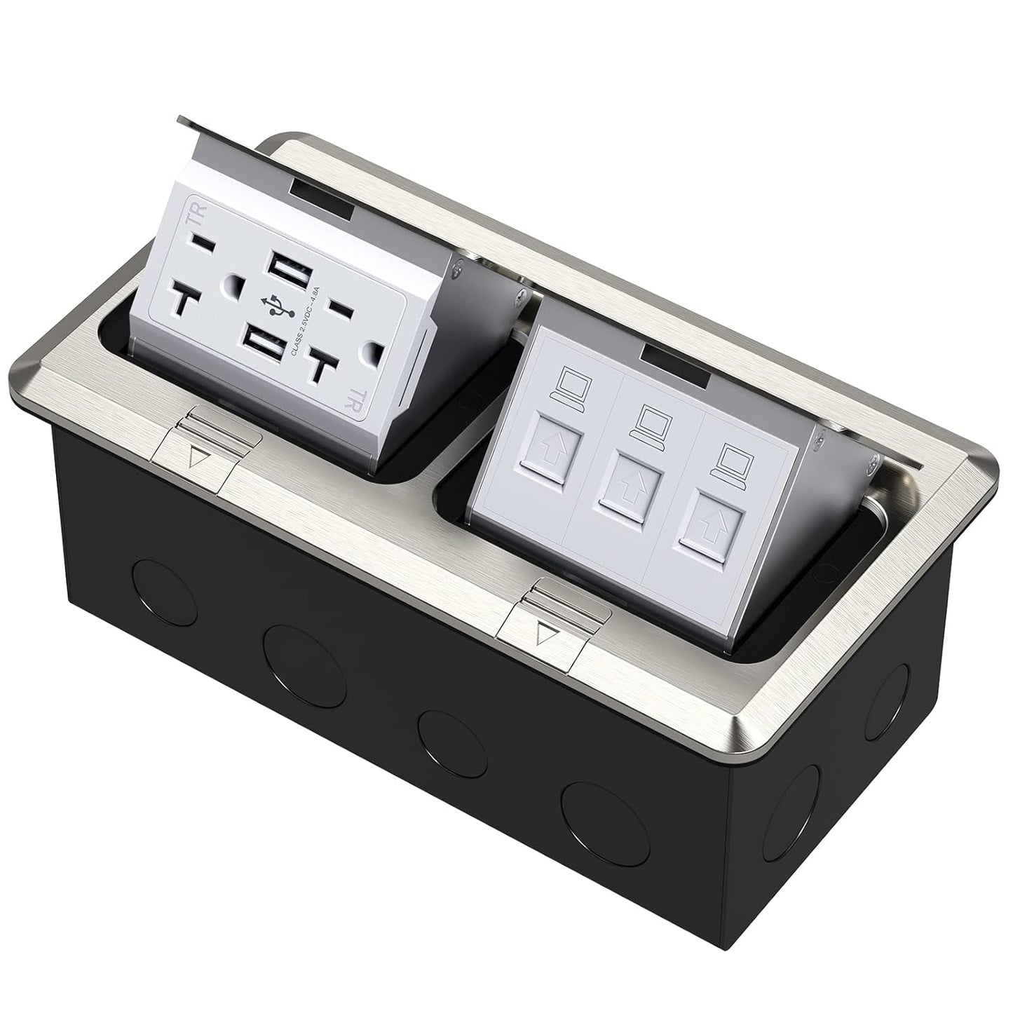 KYHSHJ Dual Pop-Up Floor Electrical Outlet Box Kit，20 Amp Stainless Steel USB TR Receptacle Outlet，3-Port RJ45 Datacom Receptacle，Waterproof Gasket with IP44 Waterproof Rating, Stainless Steel Color