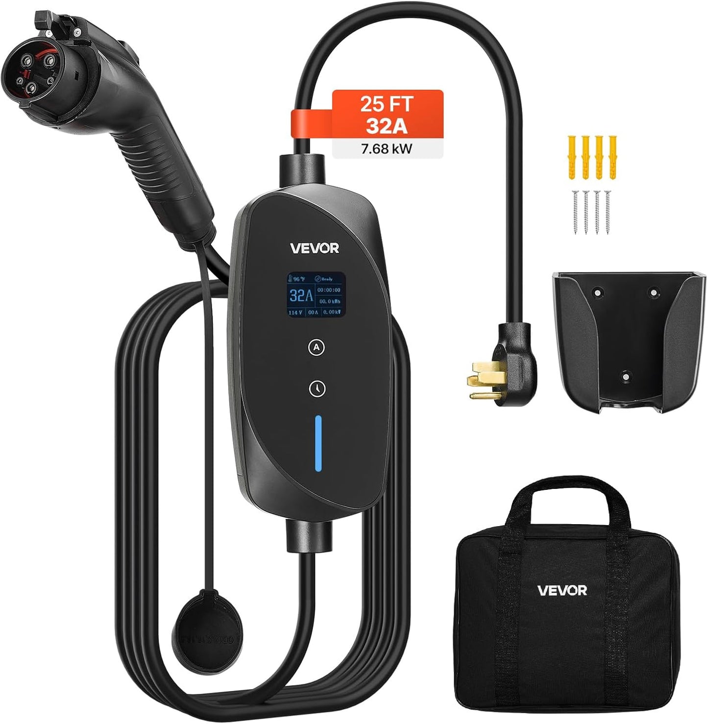 VEVOR Level 2 EV Charger, 32 Amp Adjustable Current, 240V Electric Vehicle Portable Charger with 25 ft Charging Cable, NEMA 14-50P Plug, LCD Display, Plug-in Home Car Charging Station for SAE J1772 EV