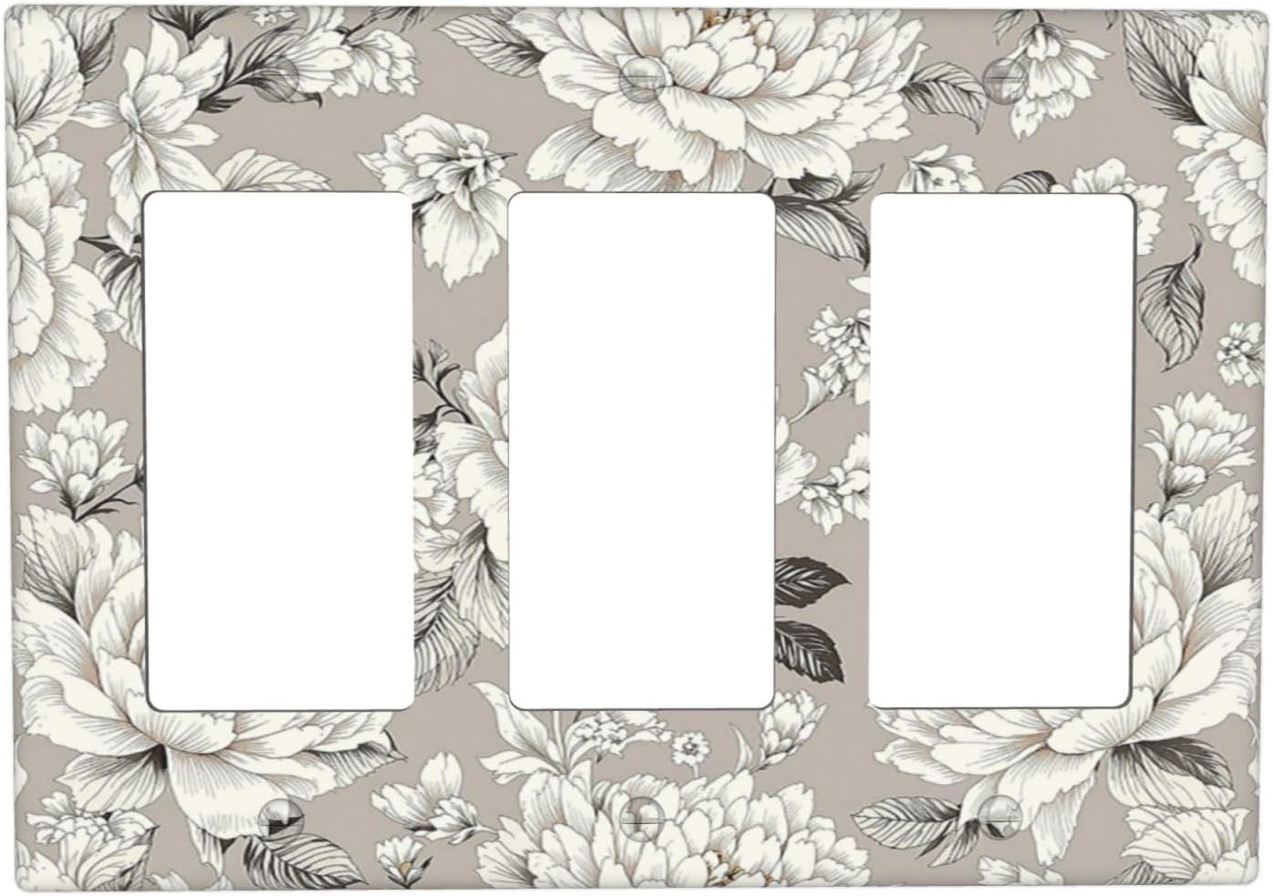 White Poppies Floral Modern Grey Peonies Flowers Light Switch Covers 3 Gang Rocker Decorative Triple Outlet Wall Plate Cover Electrical GFCI Switchplate for Bedroom Bathroom Decor