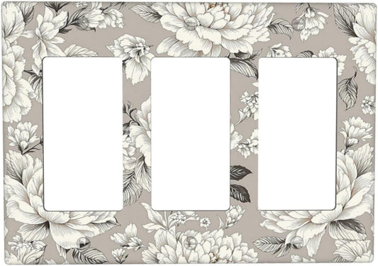 White Poppies Floral Modern Grey Peonies Flowers Light Switch Covers 3 Gang Rocker Decorative Triple Outlet Wall Plate Cover Electrical GFCI Switchplate for Bedroom Bathroom Decor