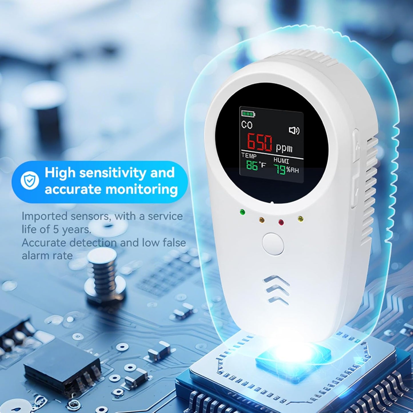 Rechargeable 5-in-1 Carbon Monoxide & Natural Gas Detectors with Temperature/Humidity LCD Display & 2000mAh Lithium-ion Battery, Portable Plug in Co Detector for Home Travel RV Essentials, 1PCS