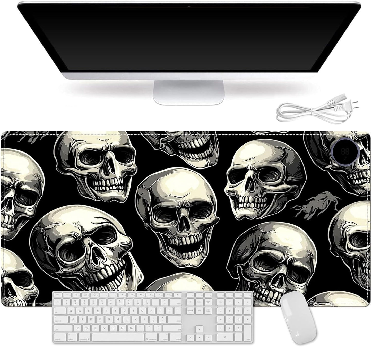 Small Heated Desk Pad 23.6" x 14.2" – Compact Electric Mouse Pad with 3 Heating Levels, Auto Shut-Off, Waterproof PU Surface, Plug-in Warmer for Office or Home Use, Skull Pattern