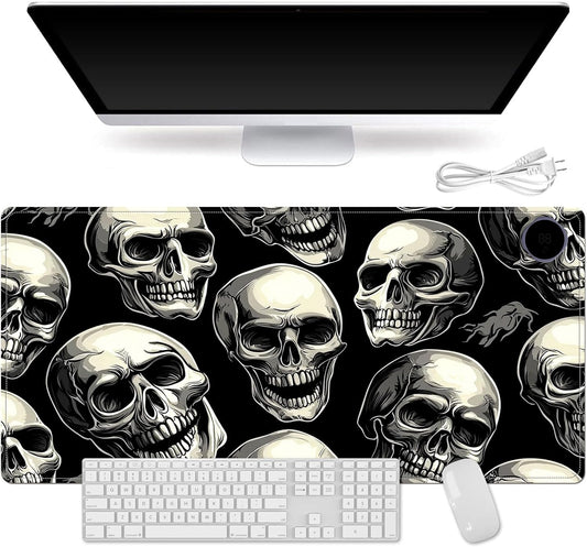 Small Heated Desk Pad 23.6" x 14.2" – Compact Electric Mouse Pad with 3 Heating Levels, Auto Shut-Off, Waterproof PU Surface, Plug-in Warmer for Office or Home Use, Skull Pattern