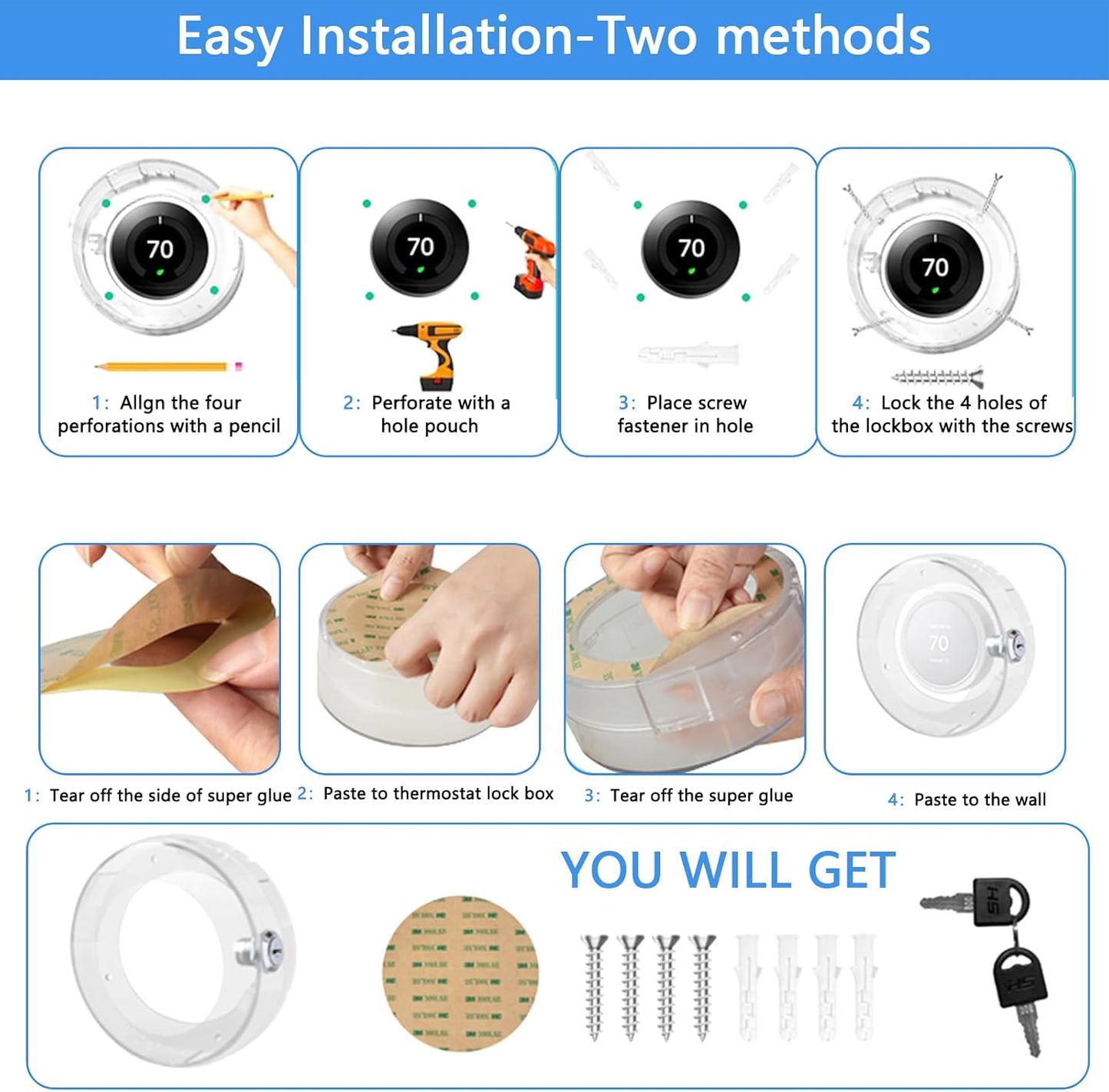 2 PC Round Baby Safety Thermostat Lock Case with Key,Thermostat Cover Universal Lock Case Clear Wall Guard Fits Round Nest Thermostat(3.5x3.5x1.9 in) or Smaller
